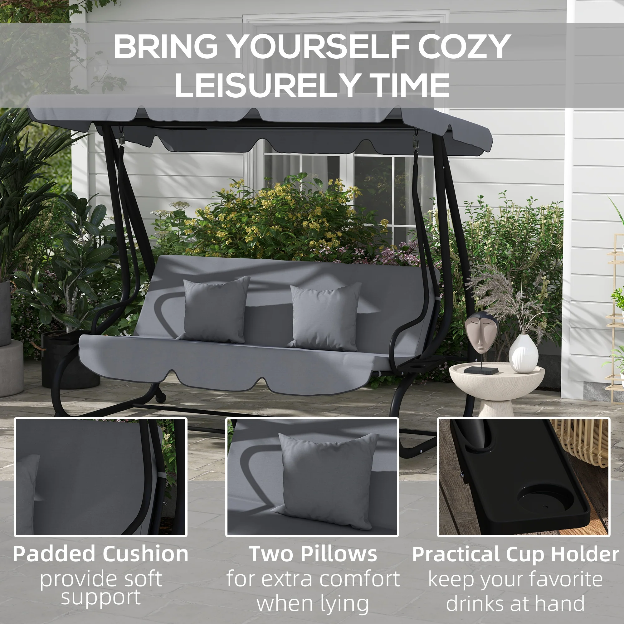 Outsunny 2-in-1 Garden Swing Chair for 3 Person w/ Adjustable Canopy Grey - Image 7