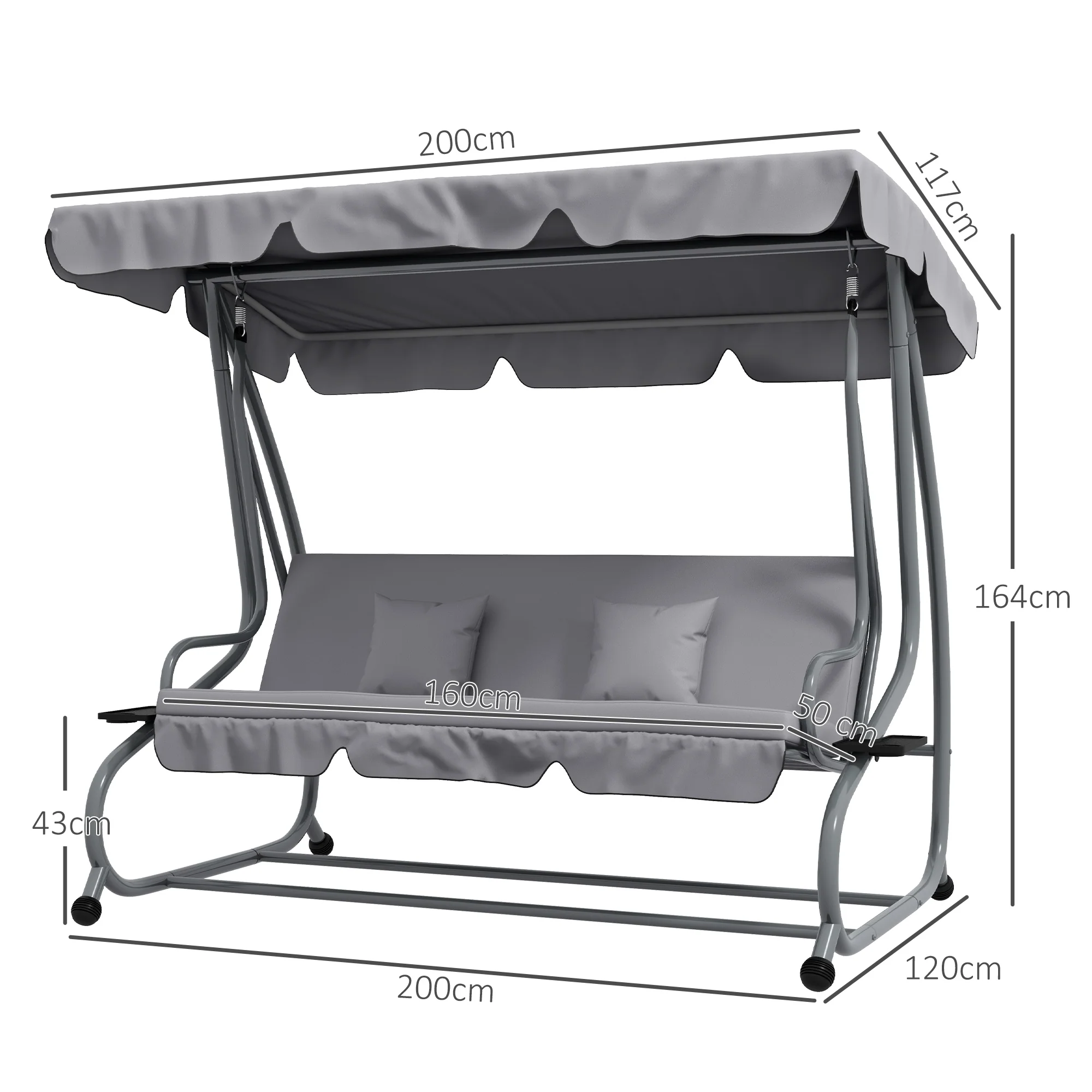 Outsunny 2-in-1 Garden Swing Chair For 3 Person W/ Adjustable Canopy, Grey - Image 5