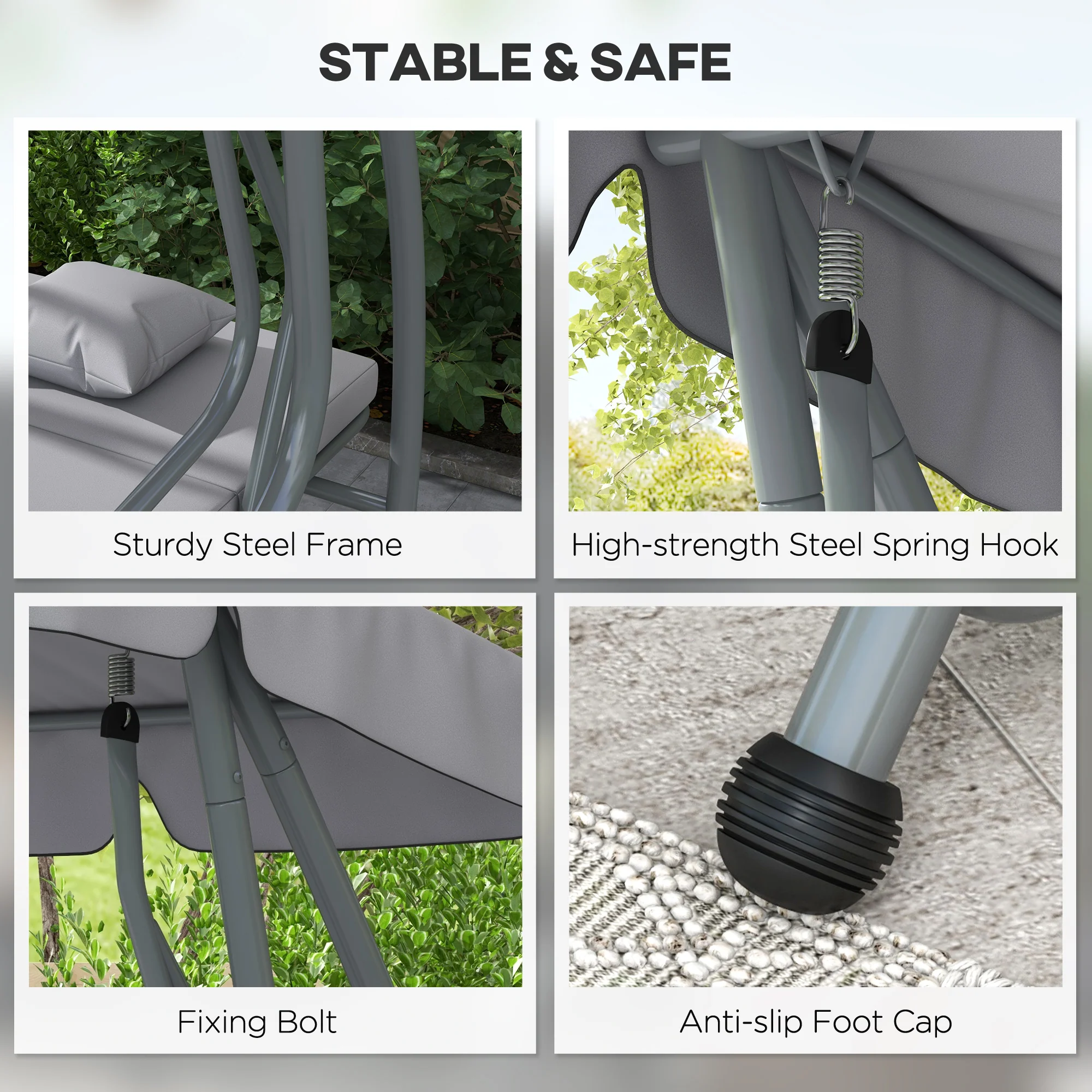 Outsunny 2-in-1 Garden Swing Chair For 3 Person W/ Adjustable Canopy, Grey - Image 6