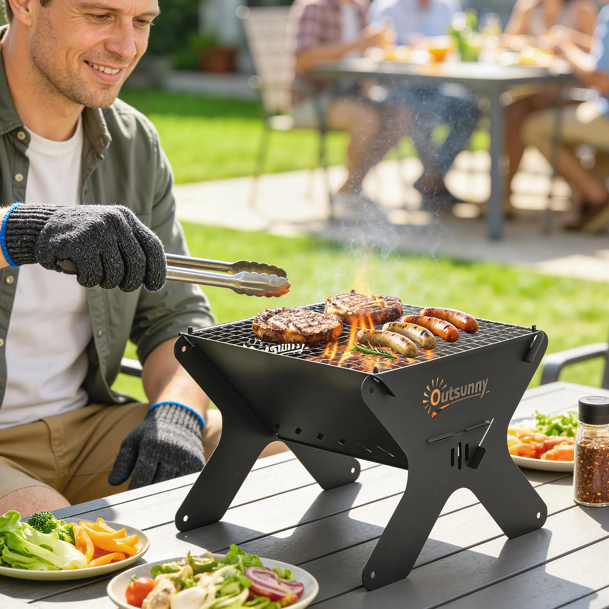 Outsunny 2-In-1 Portable BBQ Grill and Camping Fire Pit with Gloves - Image 2