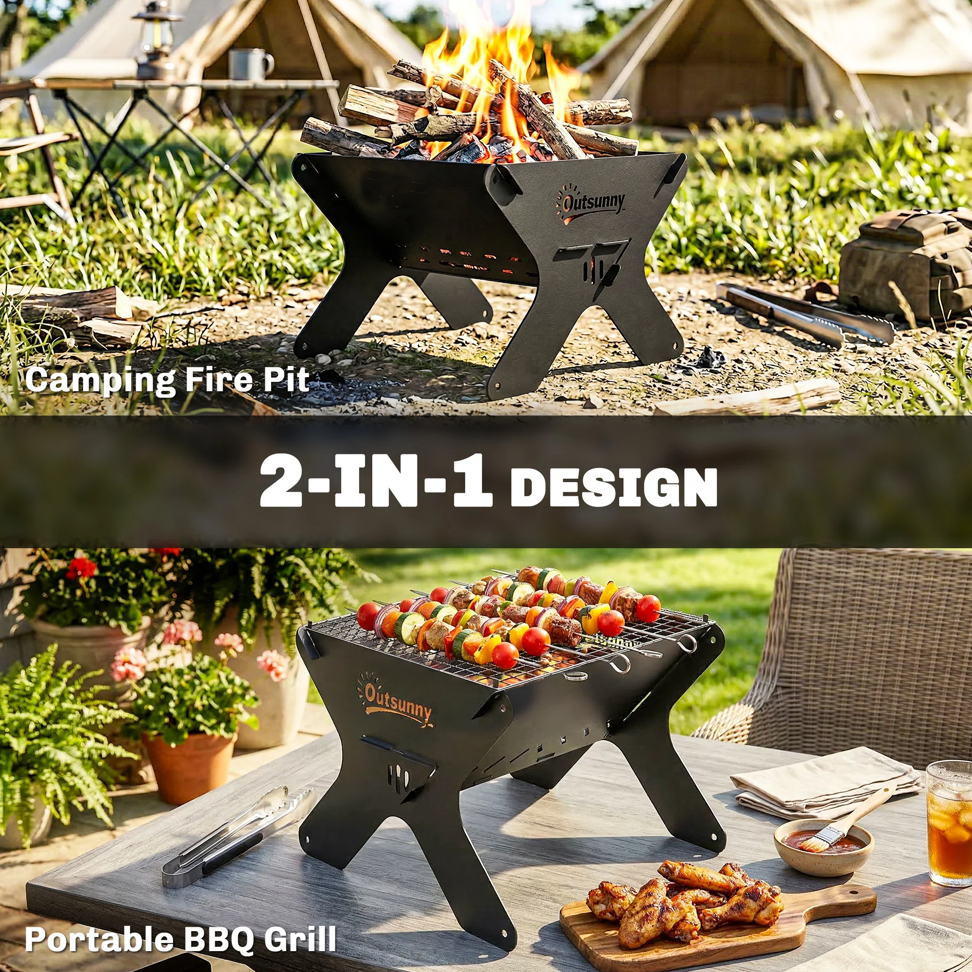 Outsunny 2-In-1 Portable BBQ Grill and Camping Fire Pit with Gloves - Image 3