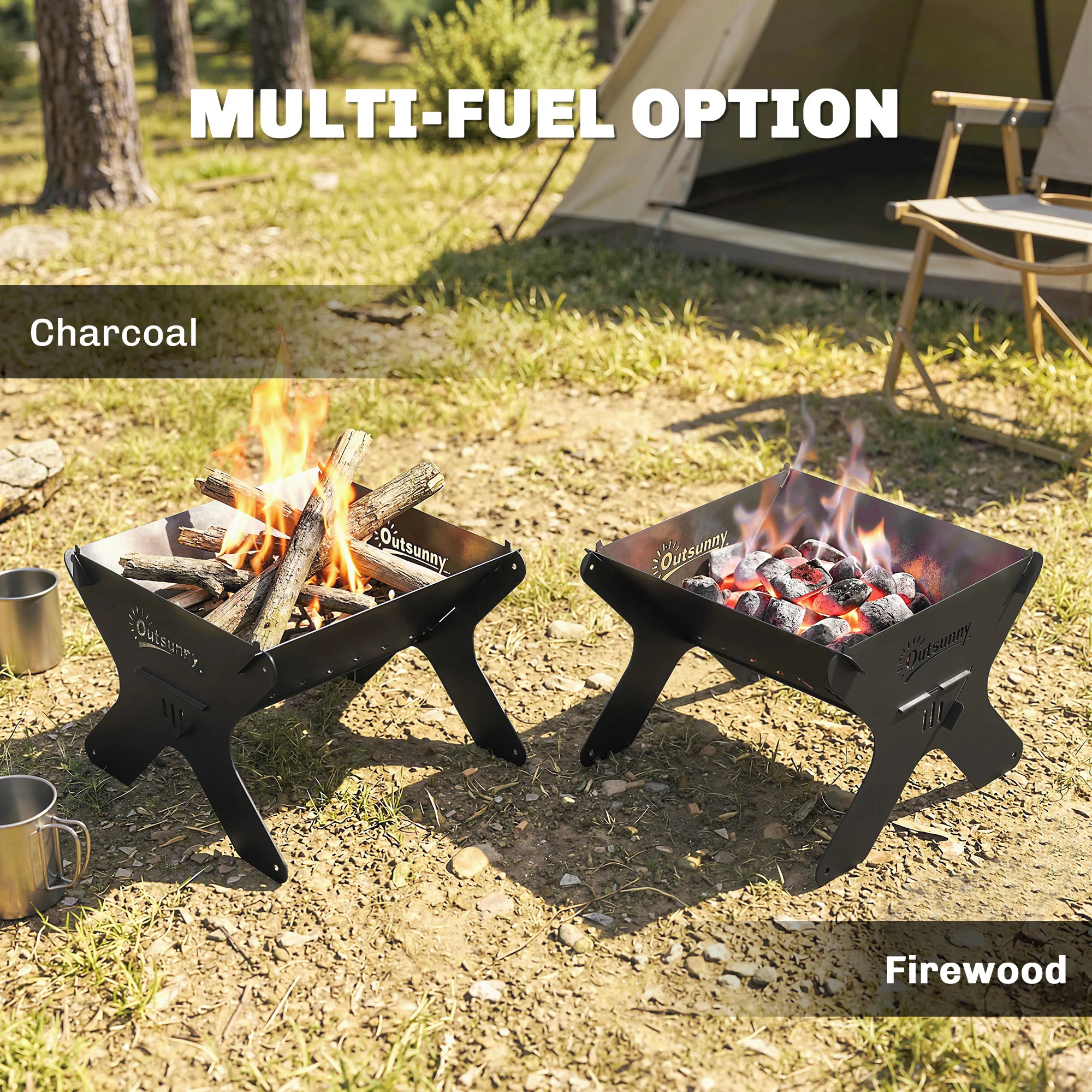 Outsunny 2-In-1 Portable BBQ Grill and Camping Fire Pit with Gloves - Image 4