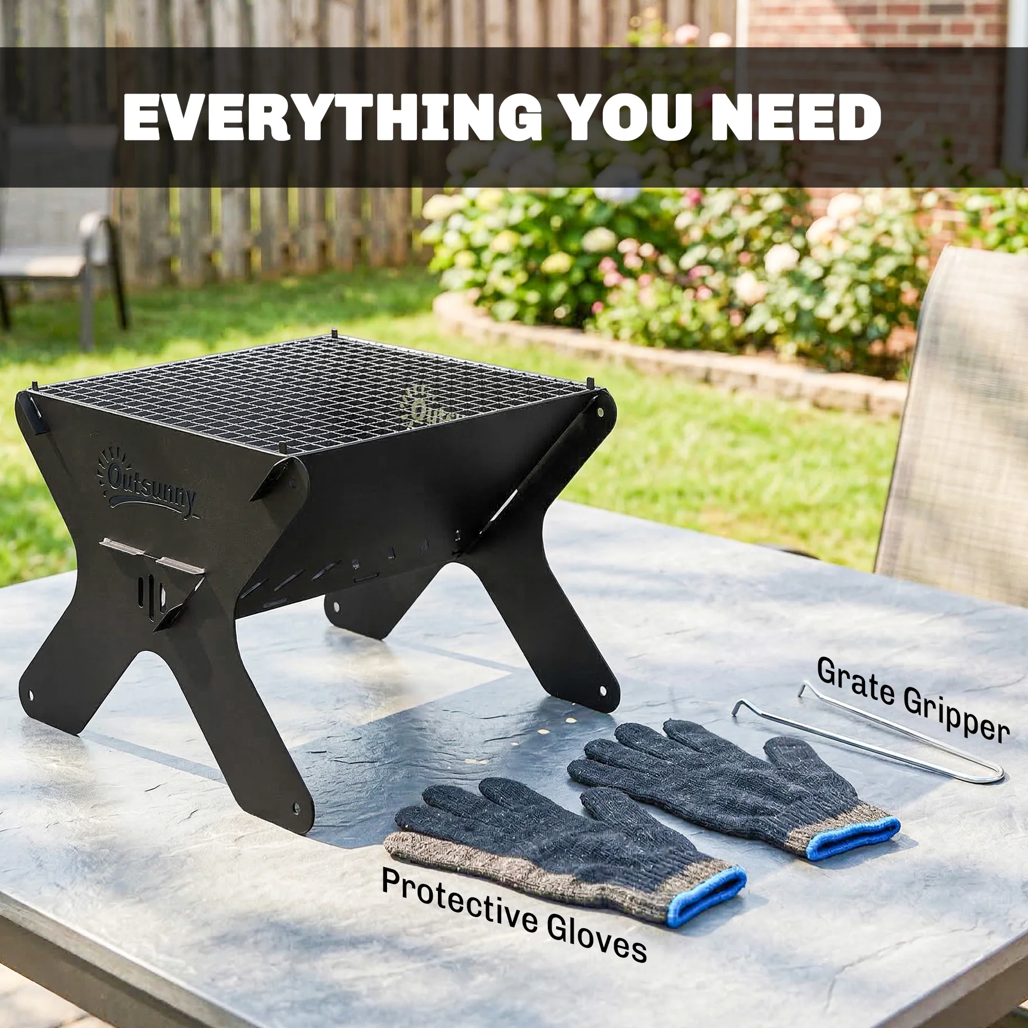 Outsunny 2-In-1 Portable BBQ Grill and Camping Fire Pit with Gloves - Image 8