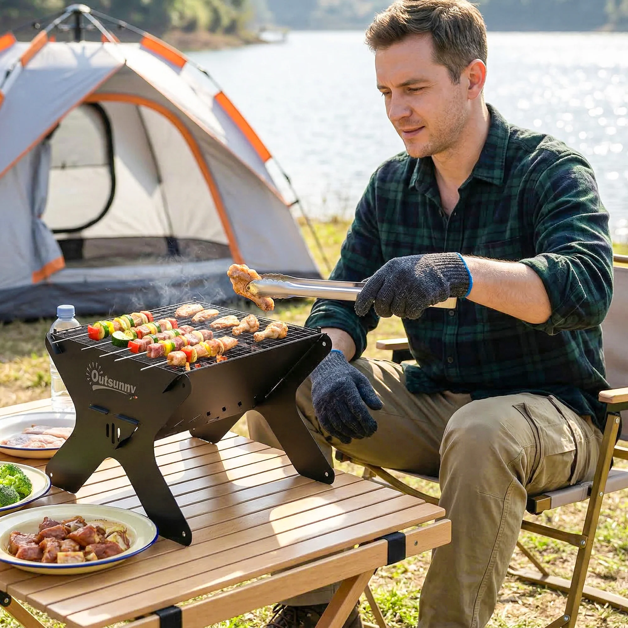 Outsunny 2-In-1 Portable BBQ Grill and Camping Fire Pit with Gloves - Image 9