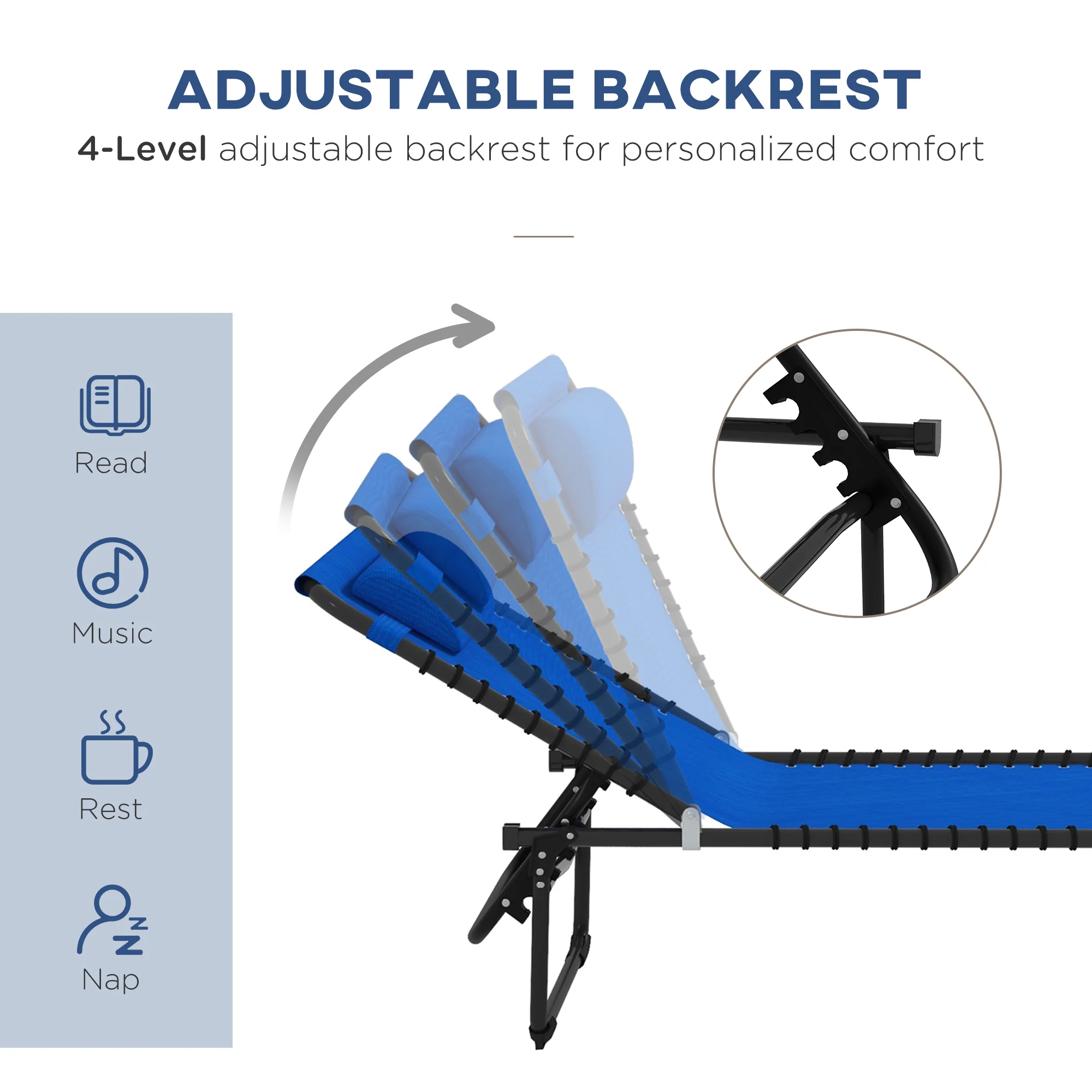Outsunny 2 Pcs Folding Beach Chair Chaise Lounge 4 Adjustable Positions, Blue - Image 3
