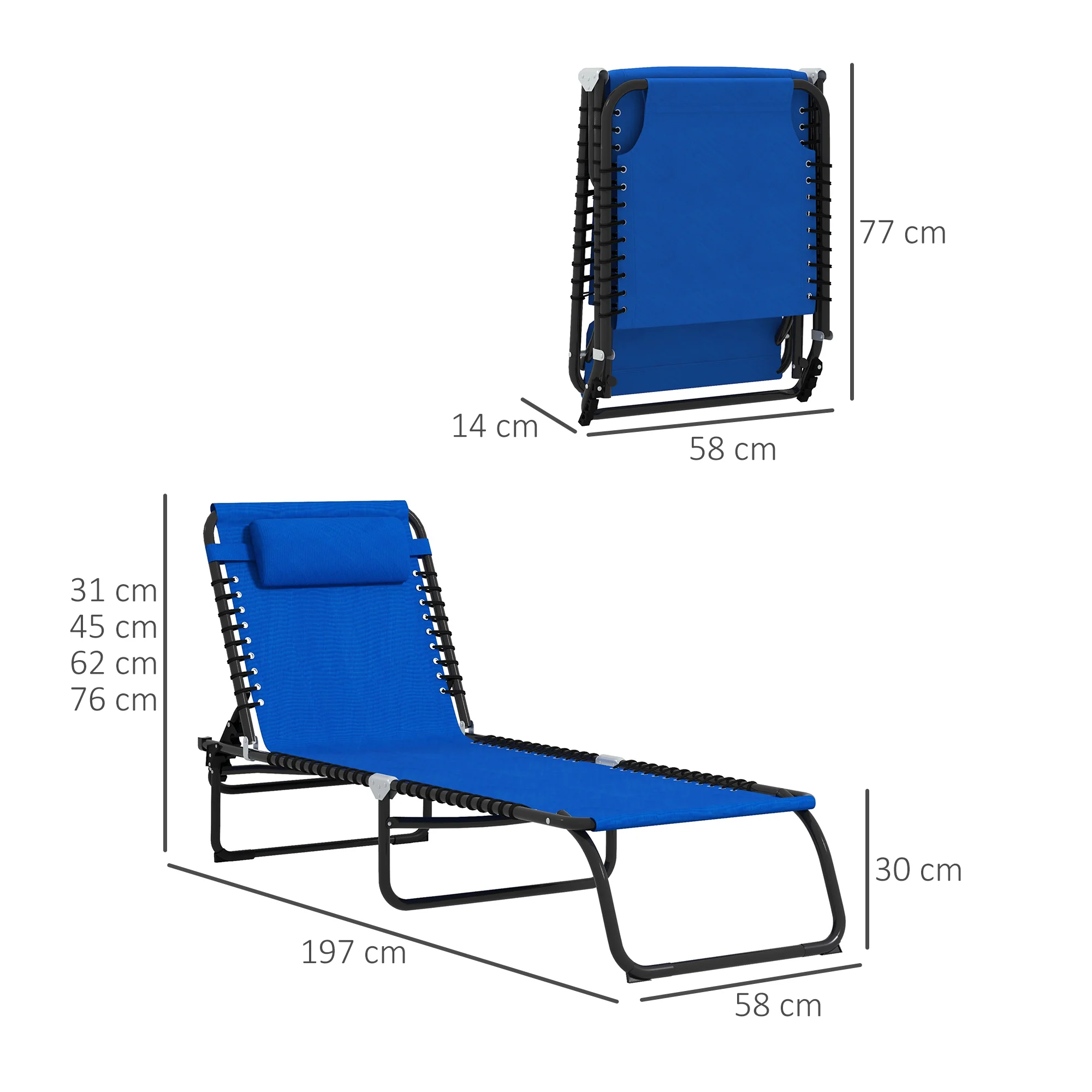 Outsunny 2 Pcs Folding Beach Chair Chaise Lounge 4 Adjustable Positions, Blue - Image 5