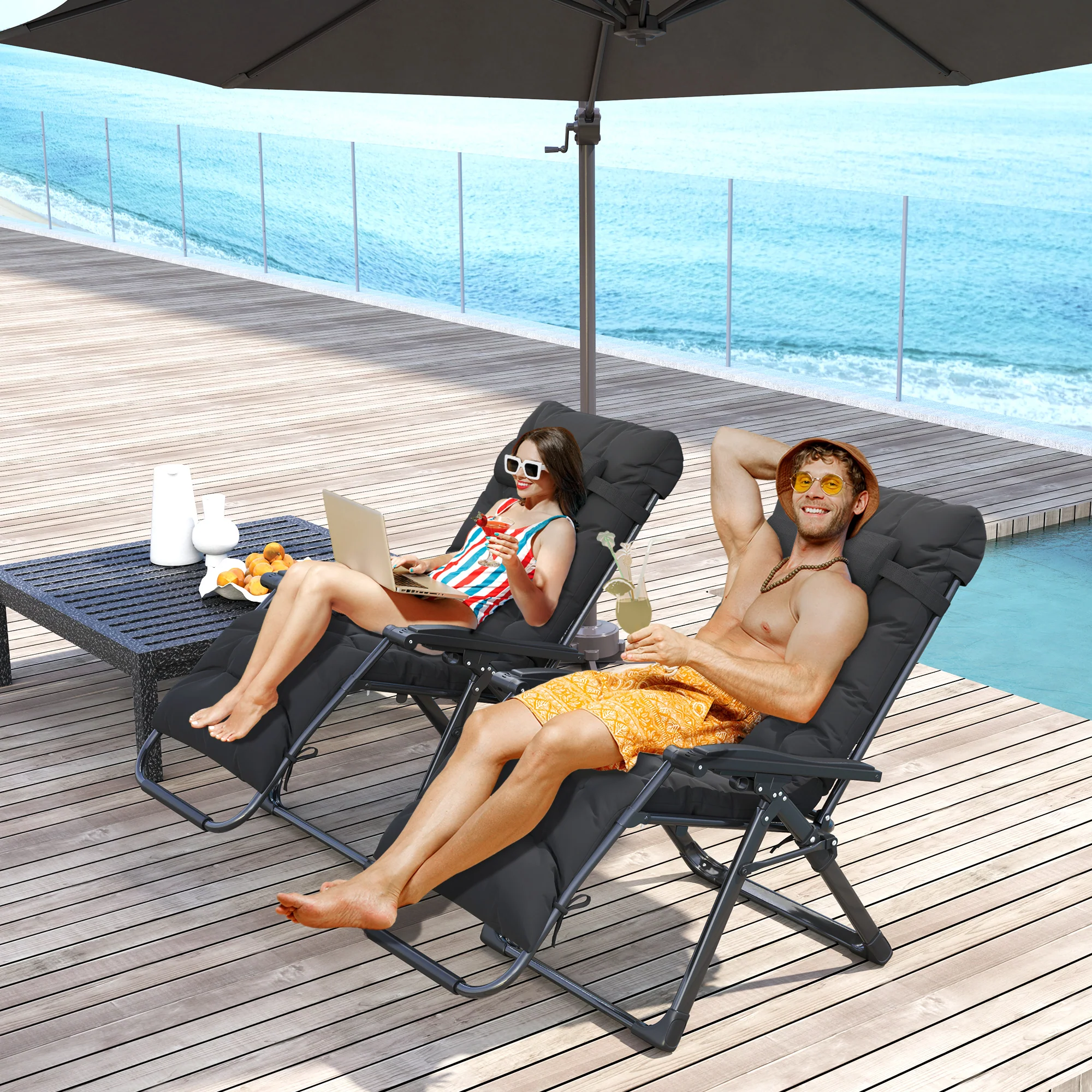 Outsunny 2 PCS Reclining Zero Gravity Chair Folding Lounger Cushion Black - Image 2