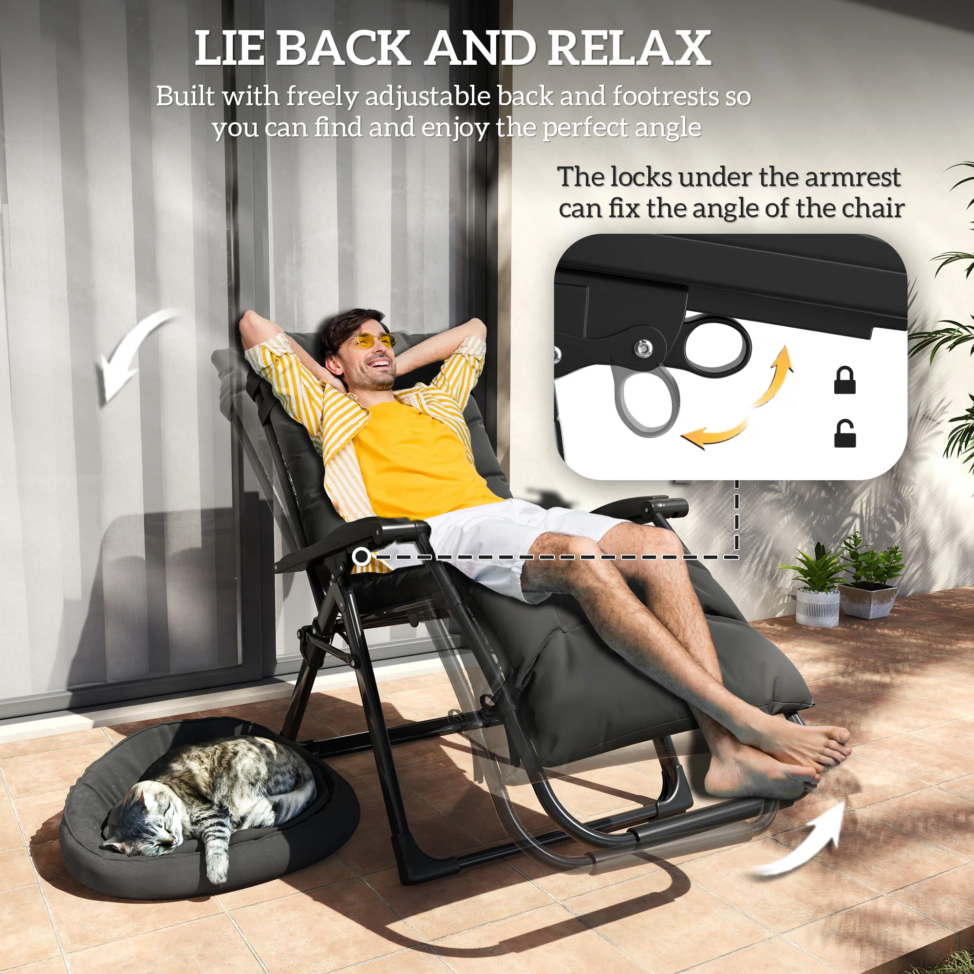 Outsunny 2 PCS Reclining Zero Gravity Chair Folding Lounger Cushion Black - Image 3