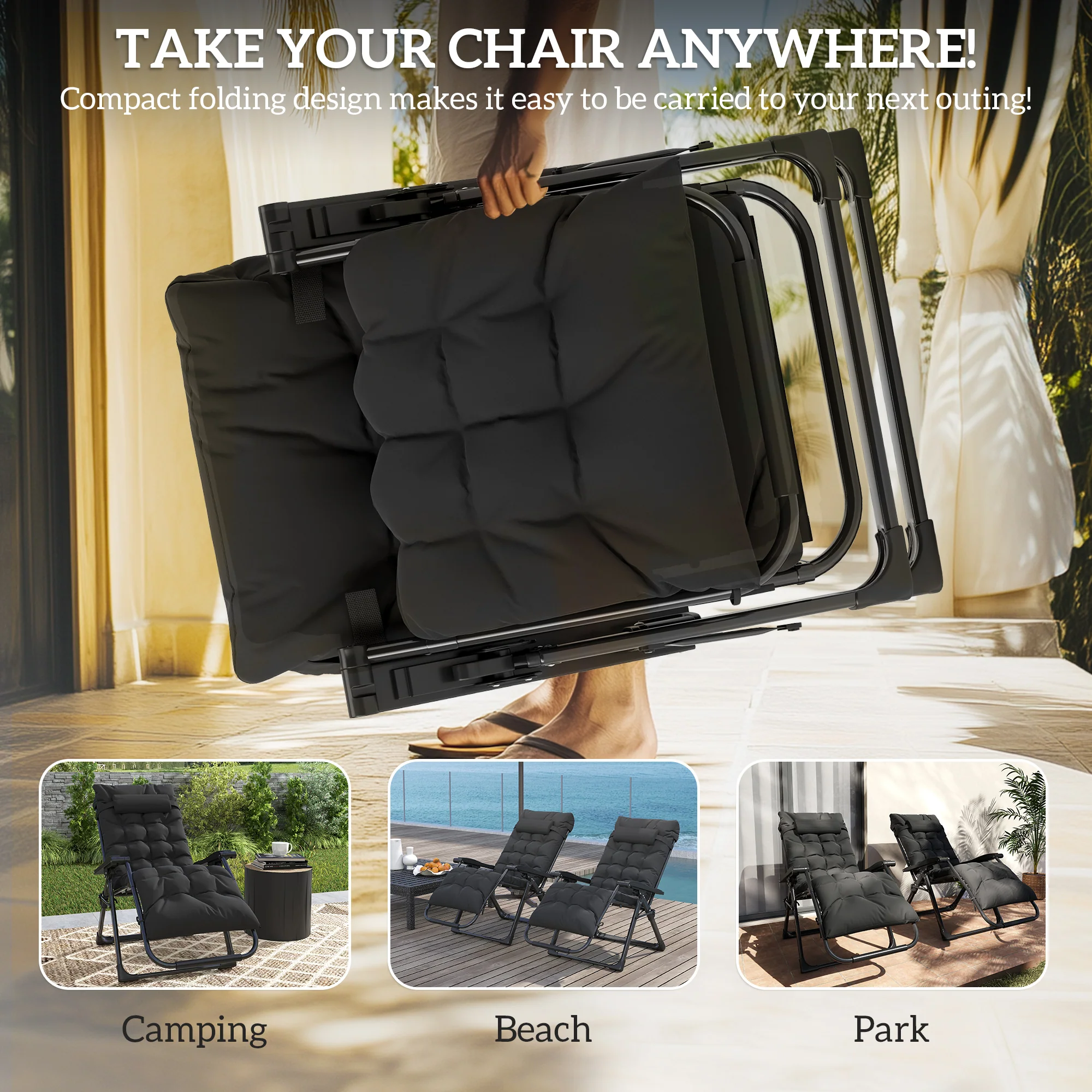 Outsunny 2 PCS Reclining Zero Gravity Chair Folding Lounger Cushion Black - Image 4