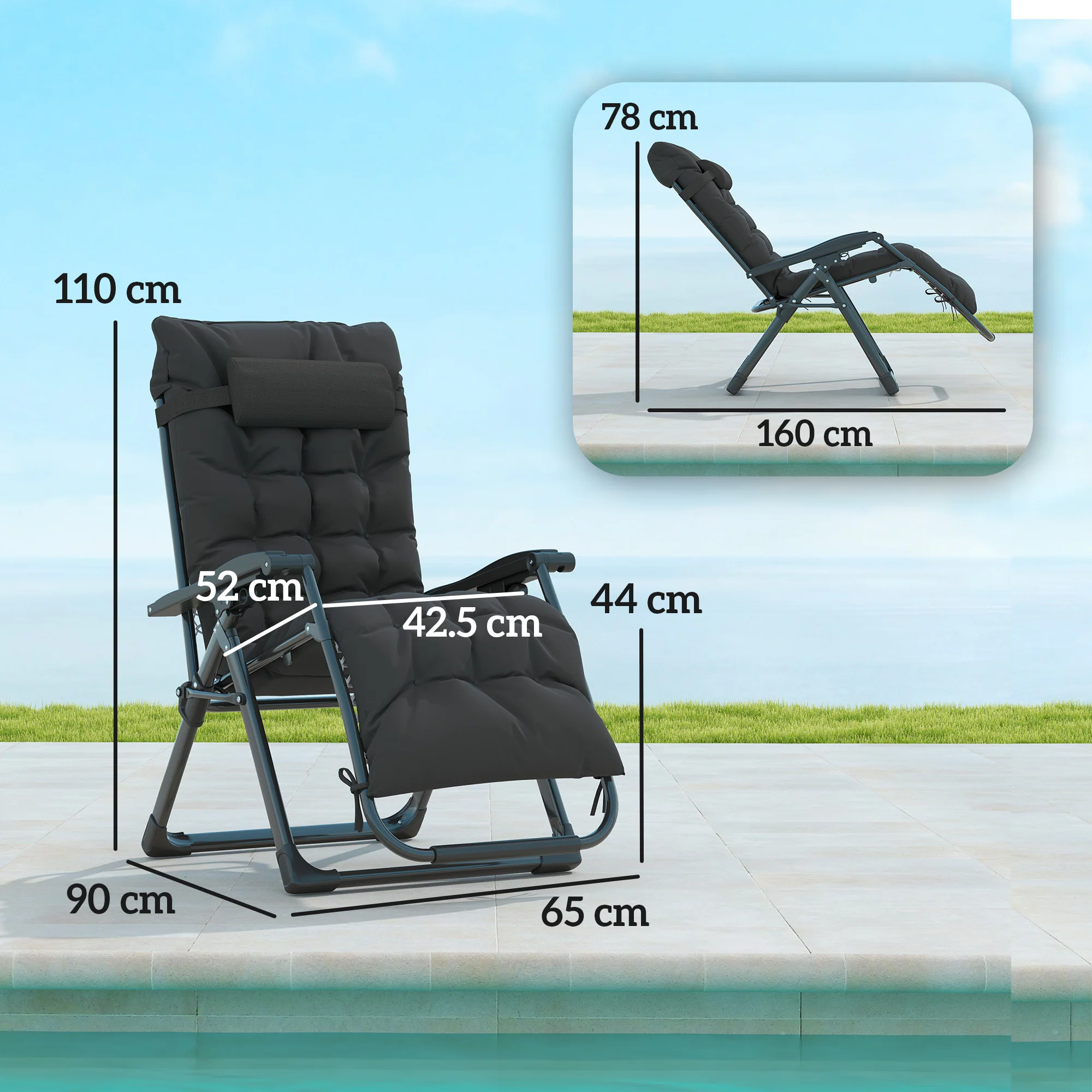 Outsunny 2 PCS Reclining Zero Gravity Chair Folding Lounger Cushion Black - Image 5