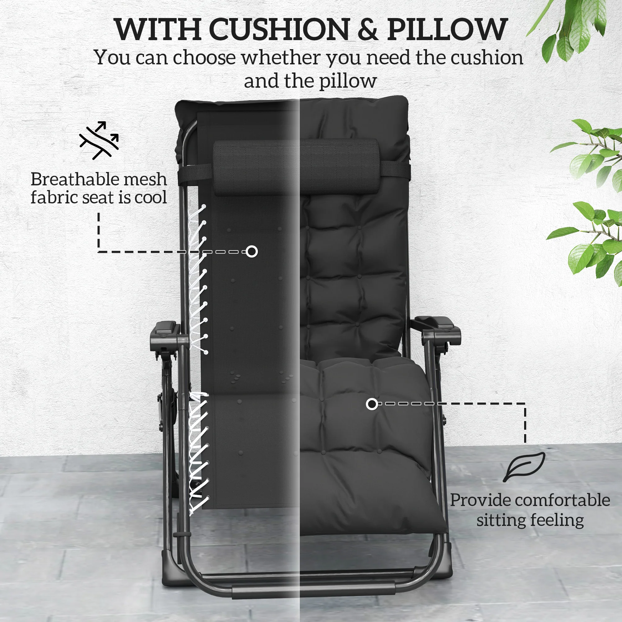 Outsunny 2 PCS Reclining Zero Gravity Chair Folding Lounger Cushion Black - Image 6