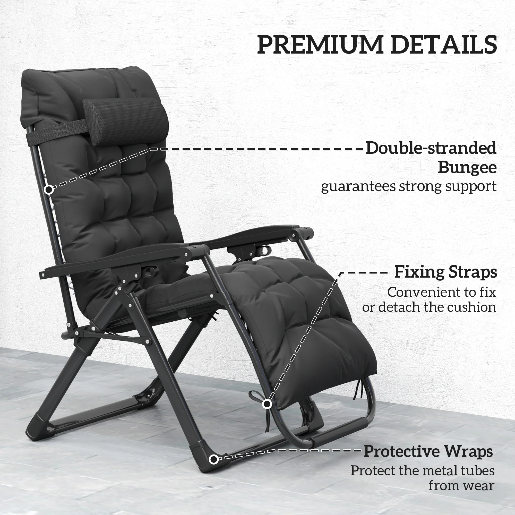 Outsunny 2 PCS Reclining Zero Gravity Chair Folding Lounger Cushion Black - Image 7