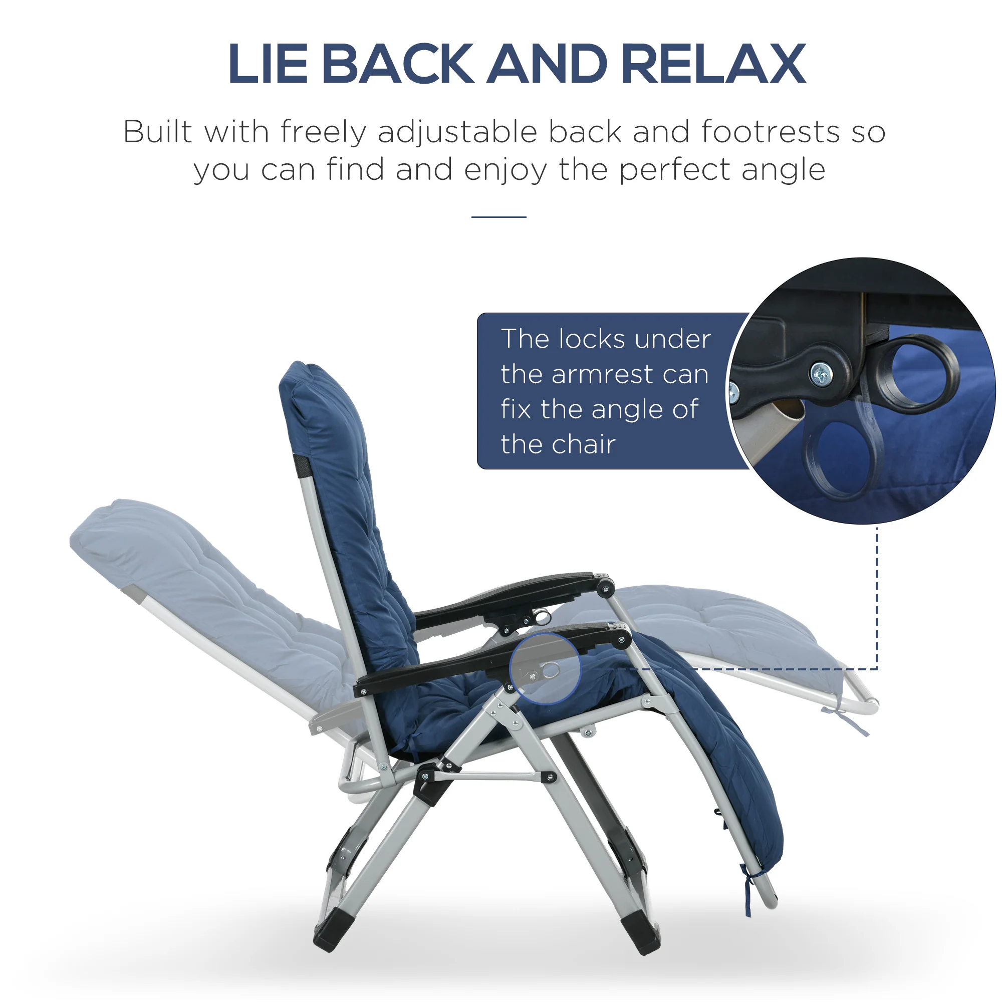Outsunny 2 PCS Reclining Zero Gravity Chair Folding Lounger Cushion Blue - Image 3