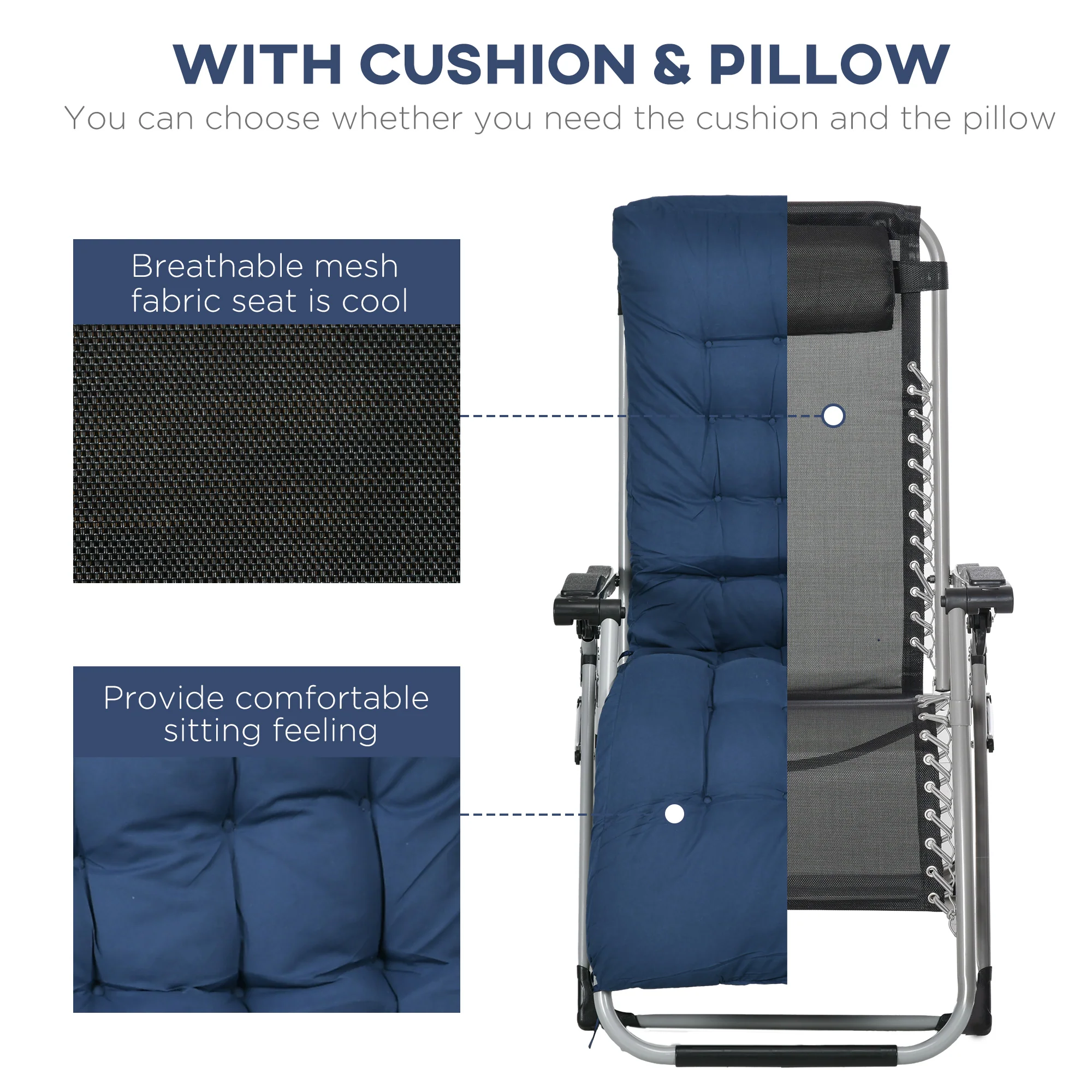 Outsunny 2 PCS Reclining Zero Gravity Chair Folding Lounger Cushion Blue - Image 6