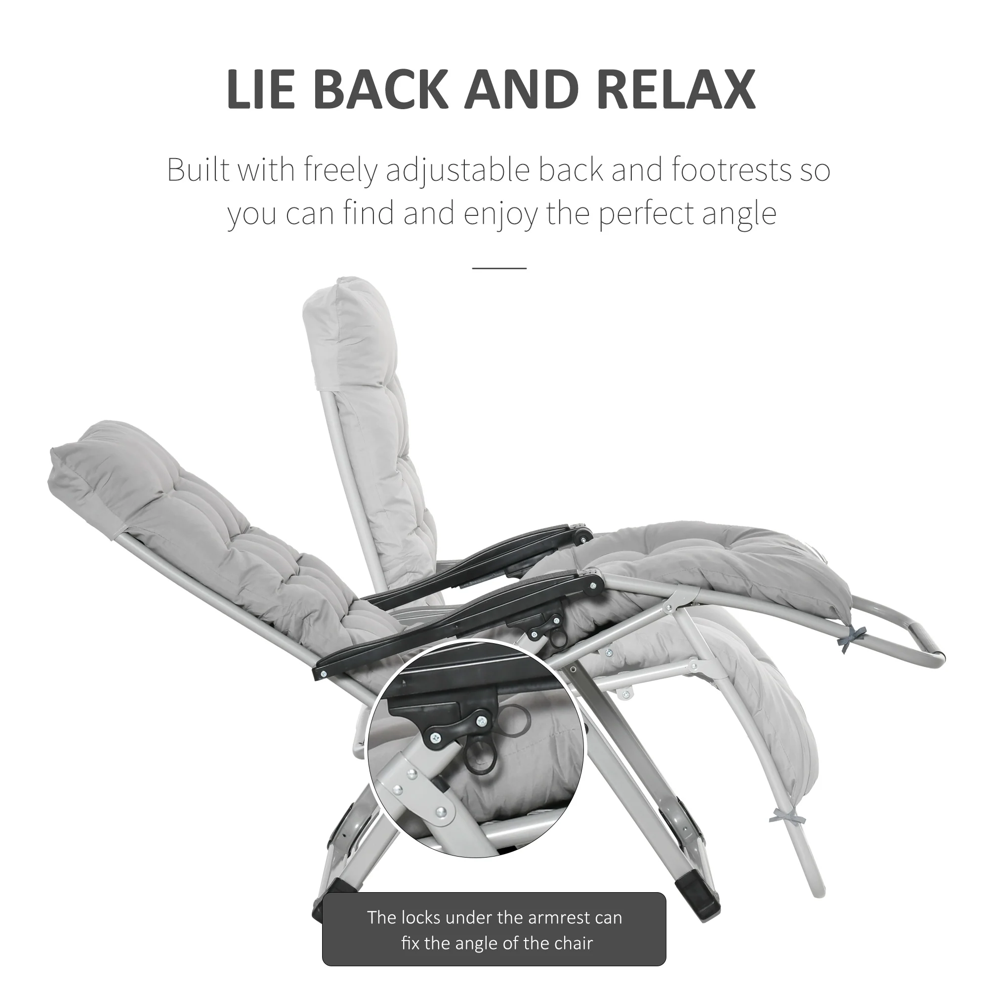 Outsunny 2 PCS Reclining Zero Gravity Chair Folding Lounger Cushion Light Grey - Image 3