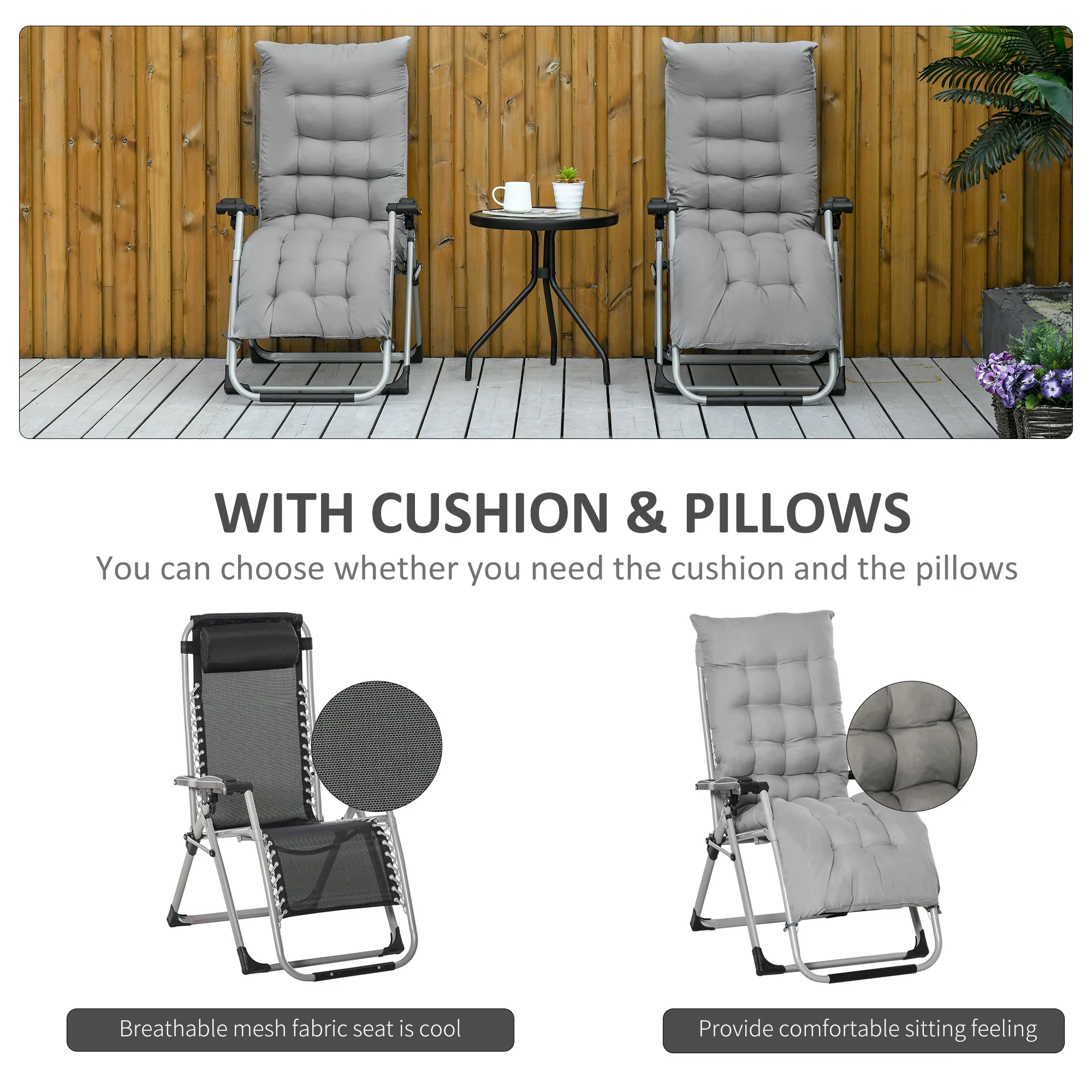 Outsunny 2 PCS Reclining Zero Gravity Chair Folding Lounger Cushion Light Grey - Image 5