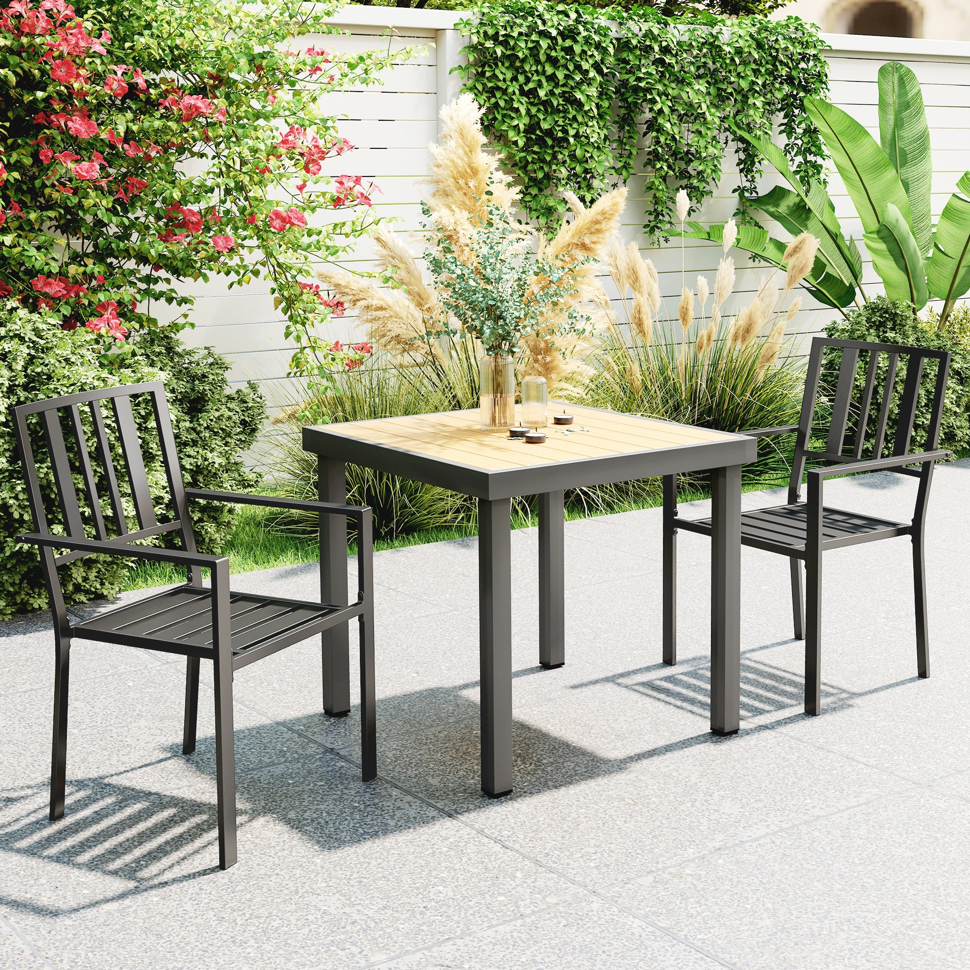 Outsunny 2 PCs Stackable Outdoor Garden Chairs with Metal Slatted Design, Black - Image 2