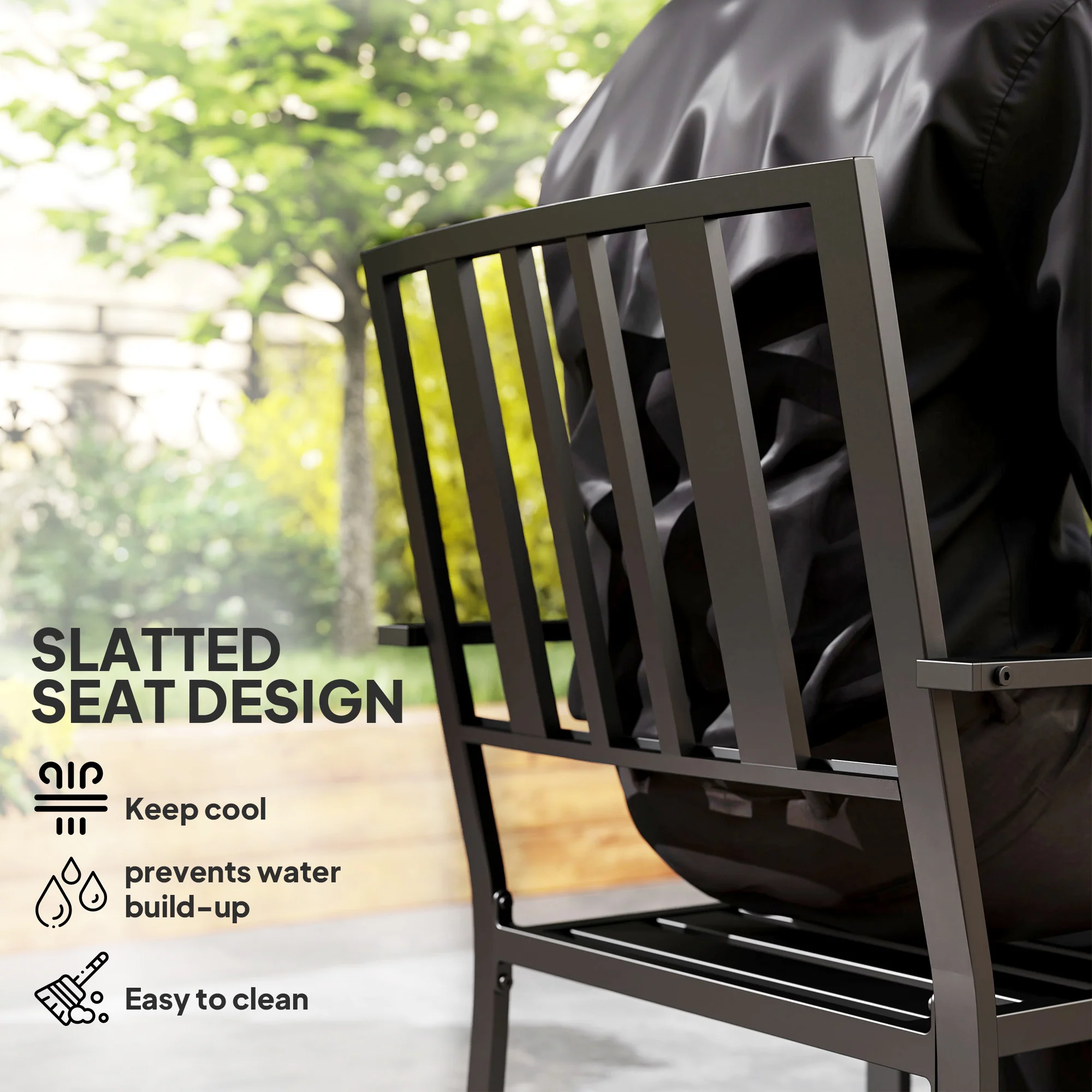 Outsunny 2 PCs Stackable Outdoor Garden Chairs with Metal Slatted Design, Black - Image 3