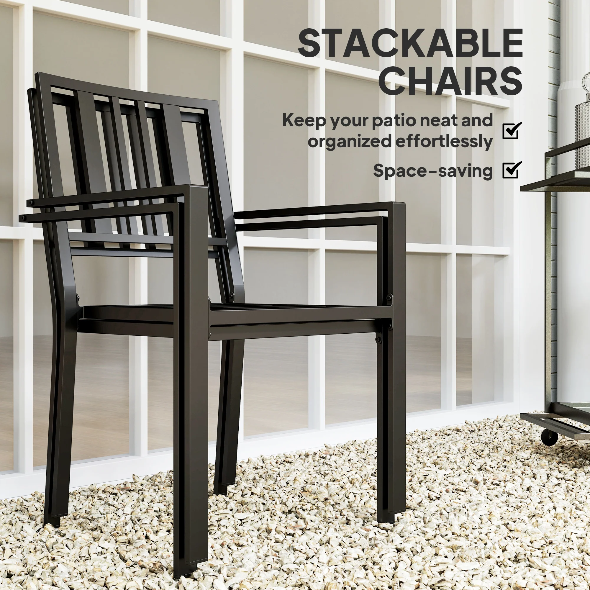 Outsunny 2 PCs Stackable Outdoor Garden Chairs with Metal Slatted Design, Black - Image 4