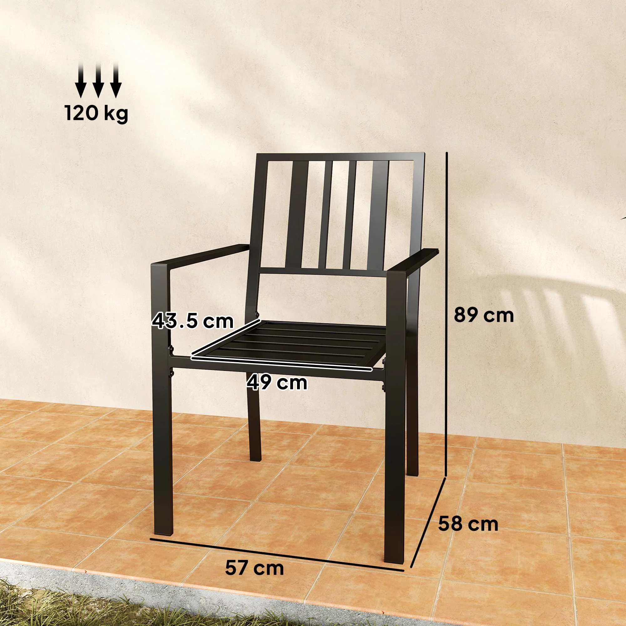 Outsunny 2 PCs Stackable Outdoor Garden Chairs with Metal Slatted Design, Black - Image 5