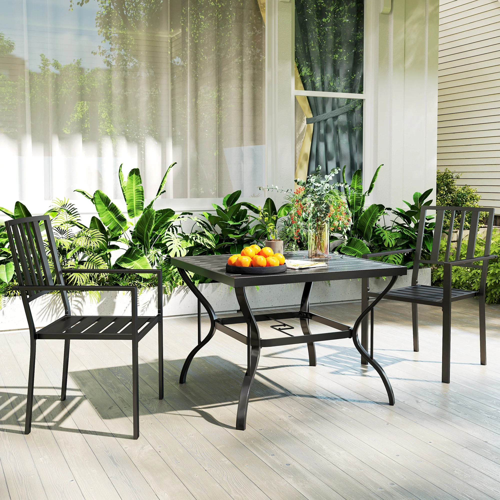 Outsunny 2 PCs Stackable Outdoor Garden Chairs with Metal Slatted Design, Black - Image 8