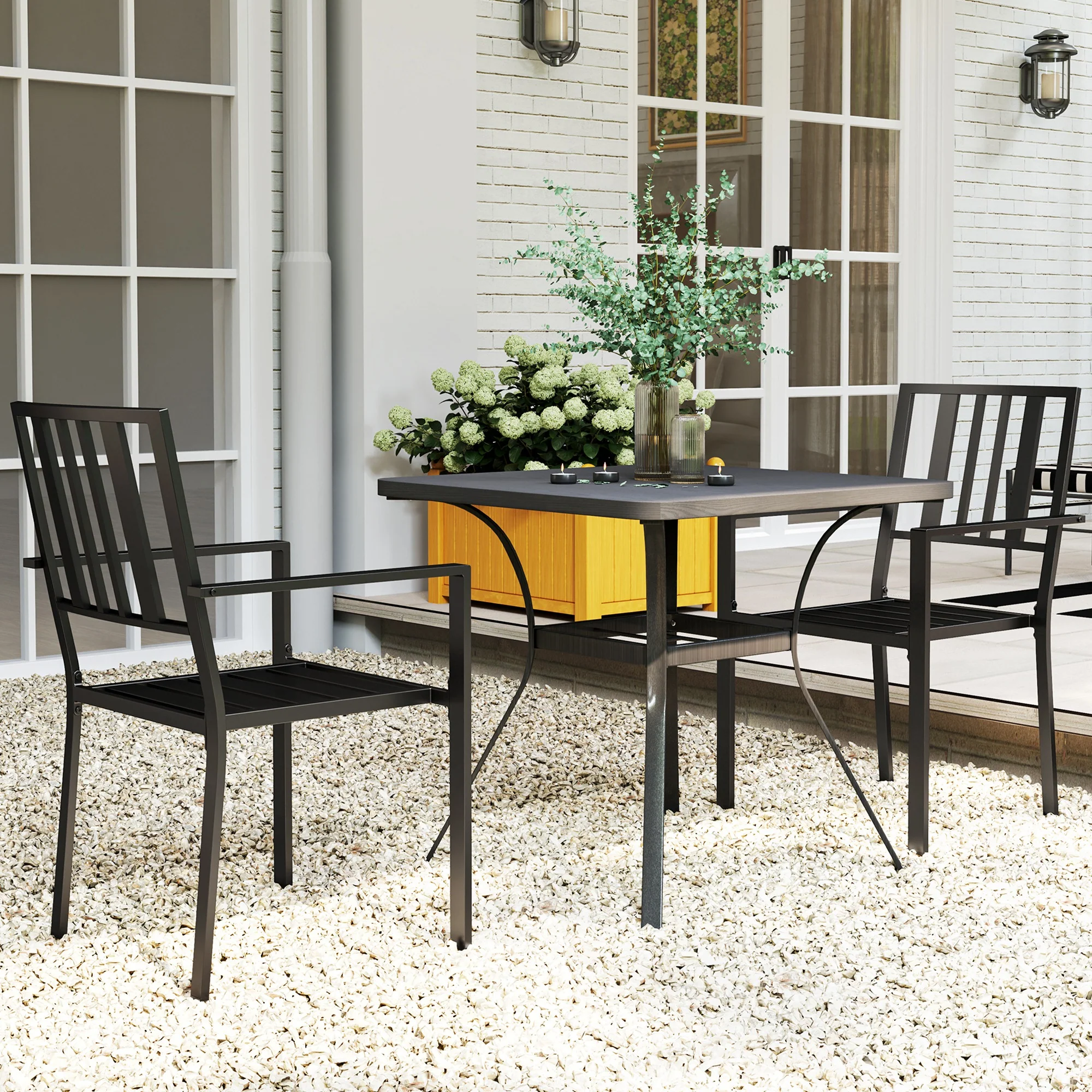 Outsunny 2 PCs Stackable Outdoor Garden Chairs with Metal Slatted Design, Black - Image 9