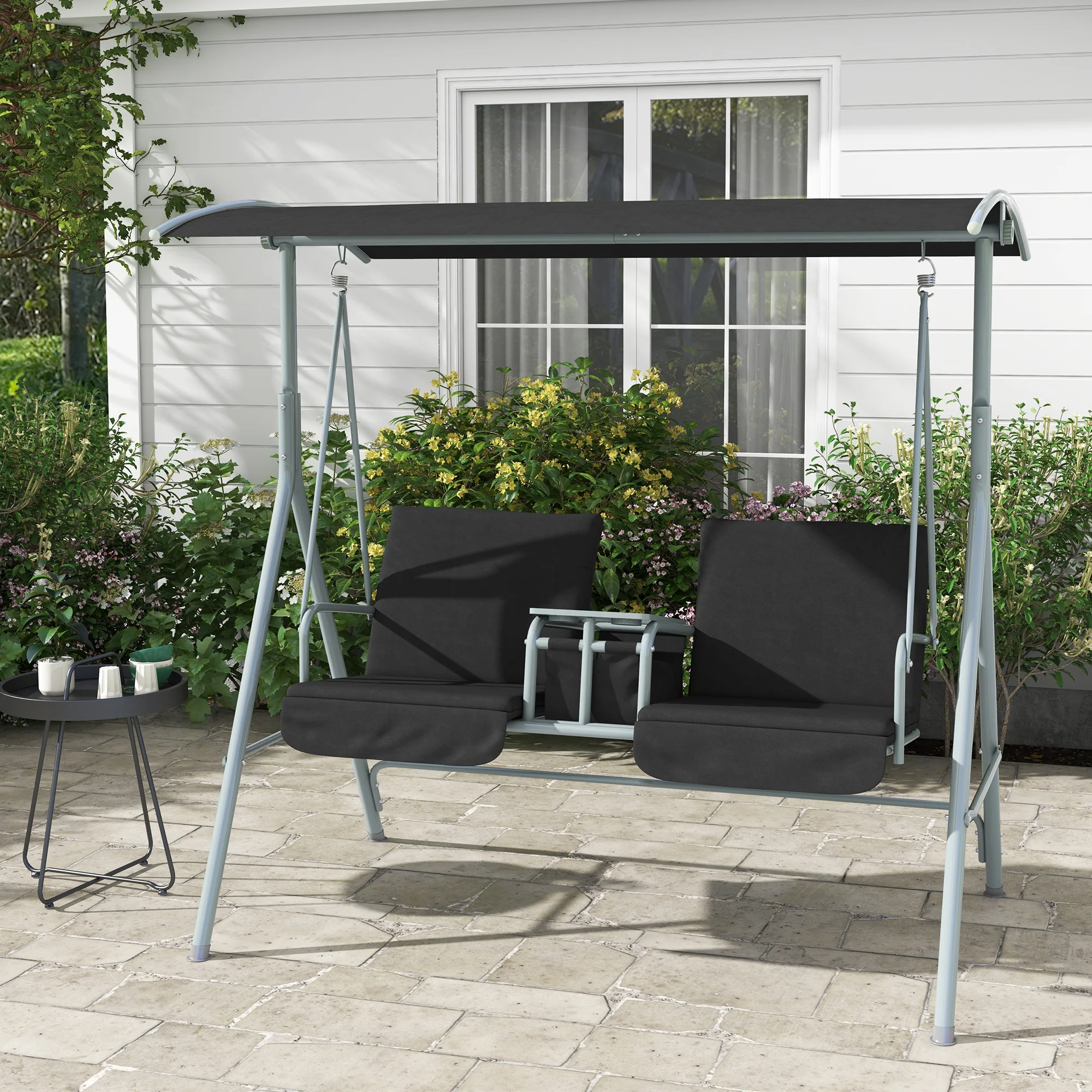 Outsunny 2 Person Covered Patio Swing with Pivot Table & Storage Console Black - Image 2