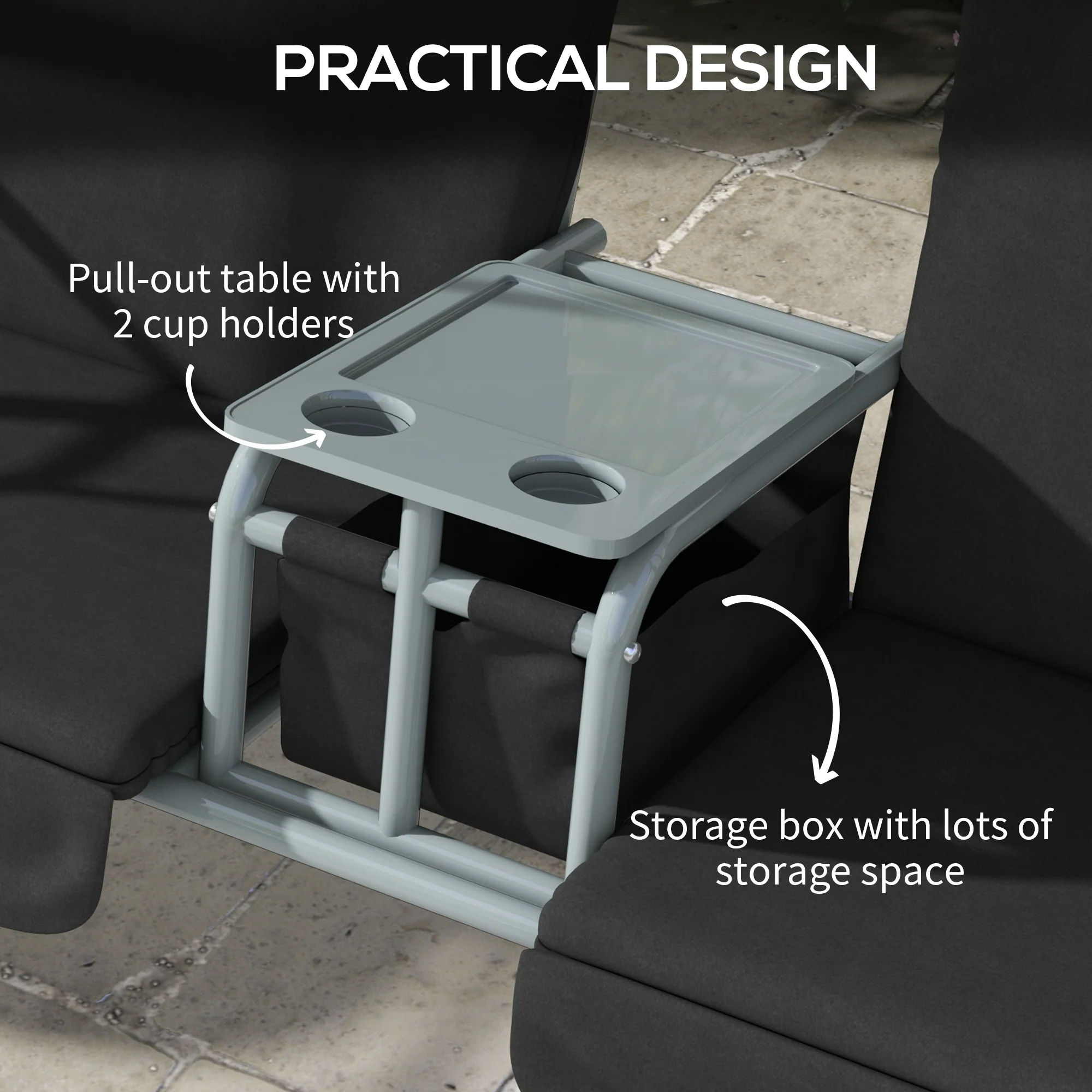 Outsunny 2 Person Covered Patio Swing with Pivot Table & Storage Console Black - Image 4