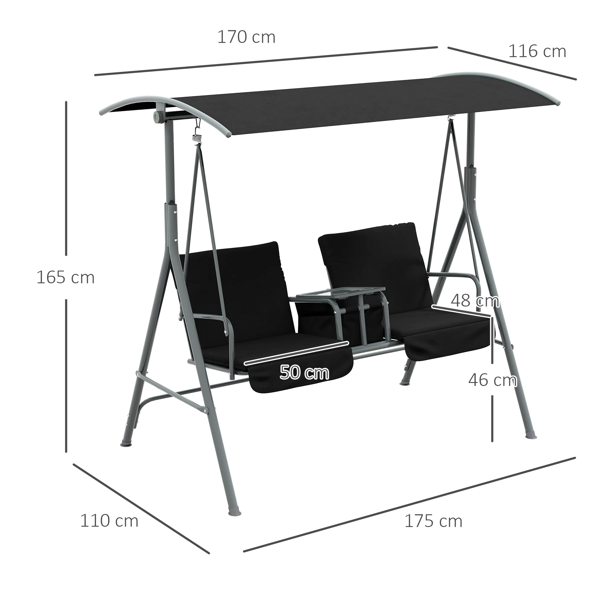Outsunny 2 Person Covered Patio Swing with Pivot Table & Storage Console Black - Image 5