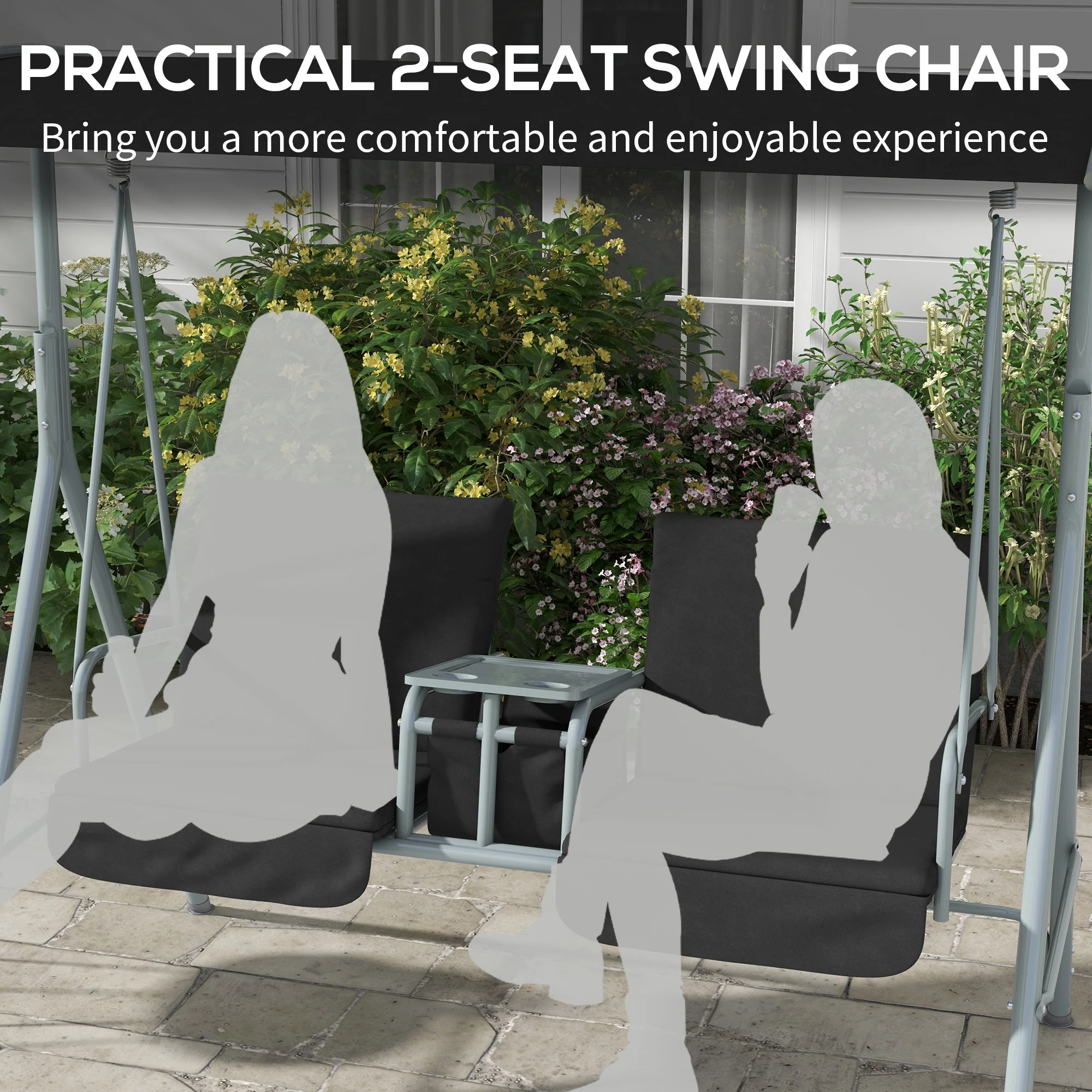 Outsunny 2 Person Covered Patio Swing with Pivot Table & Storage Console Black - Image 7