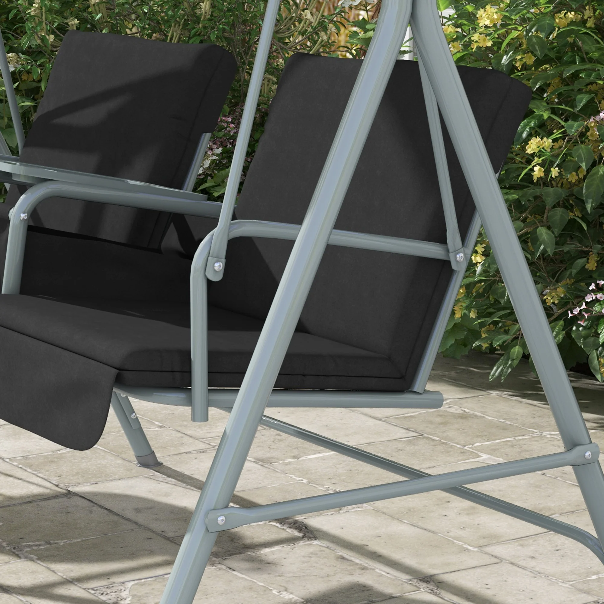 Outsunny 2 Person Covered Patio Swing with Pivot Table & Storage Console Black - Image 8