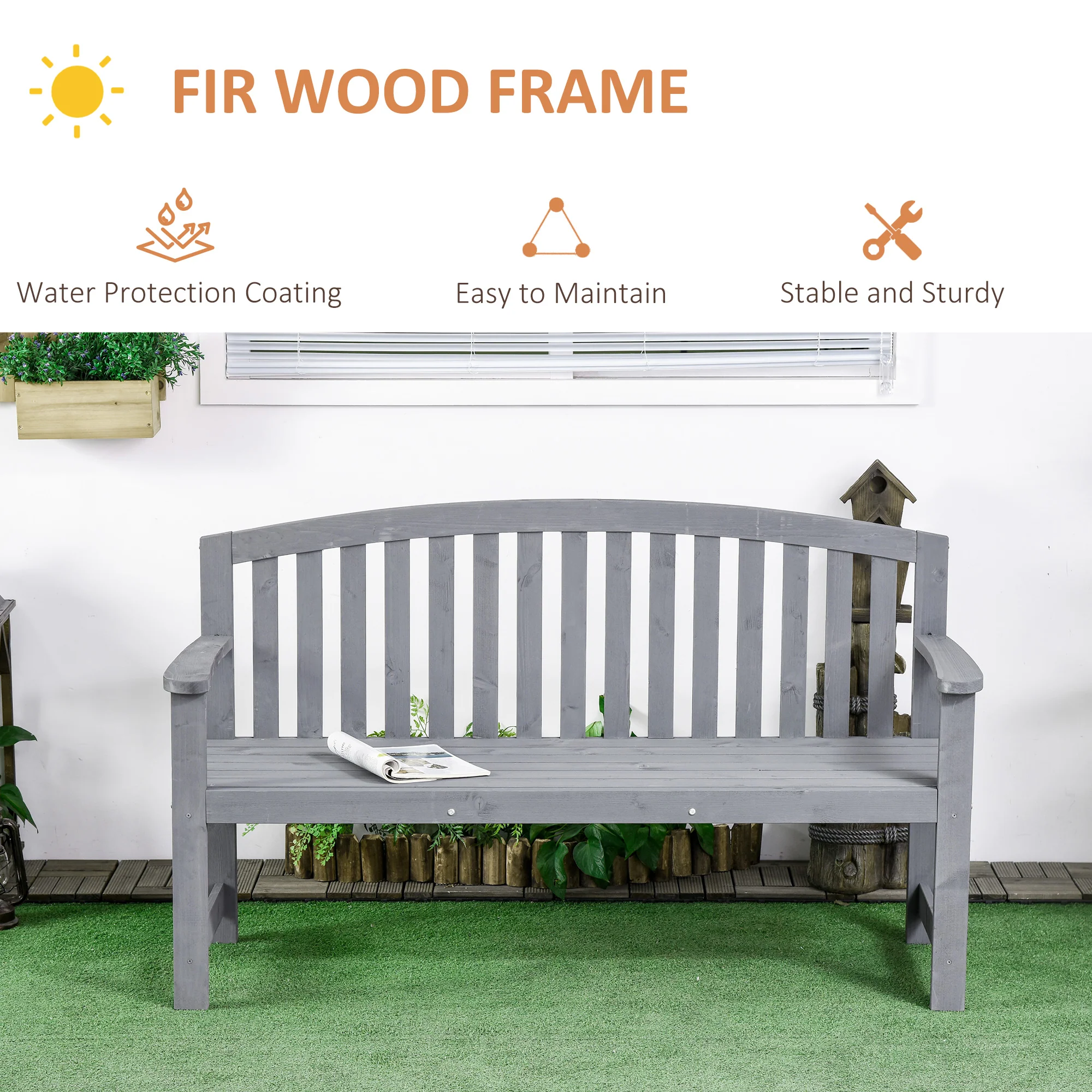 Outsunny 2 Person Garden Bench Wooden Outdoor Furniture with Armrest Grey - Image 4