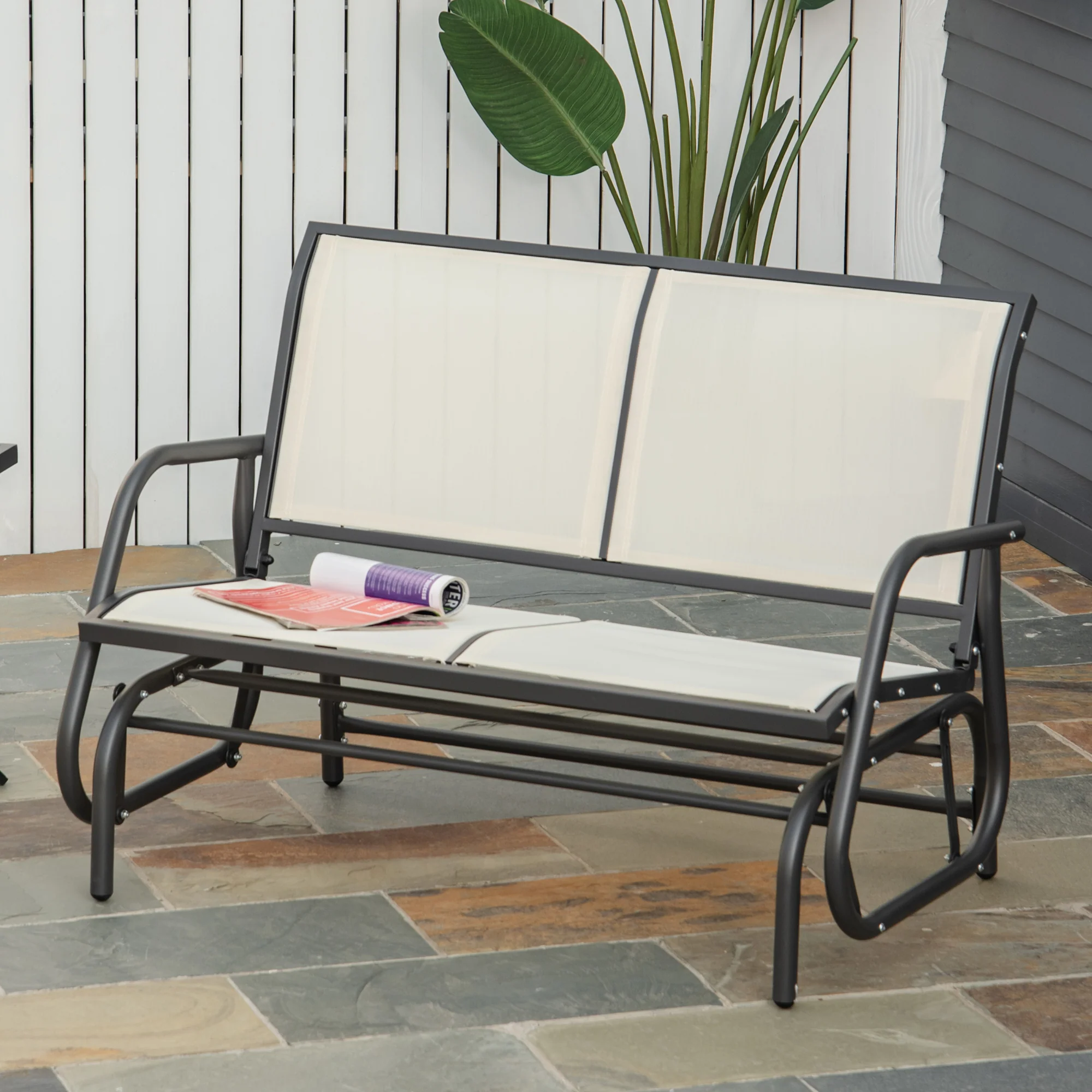 Outsunny 2-Person Patio Glider Bench Gliding Chair Loveseat w/ Armrest Beige - Image 2