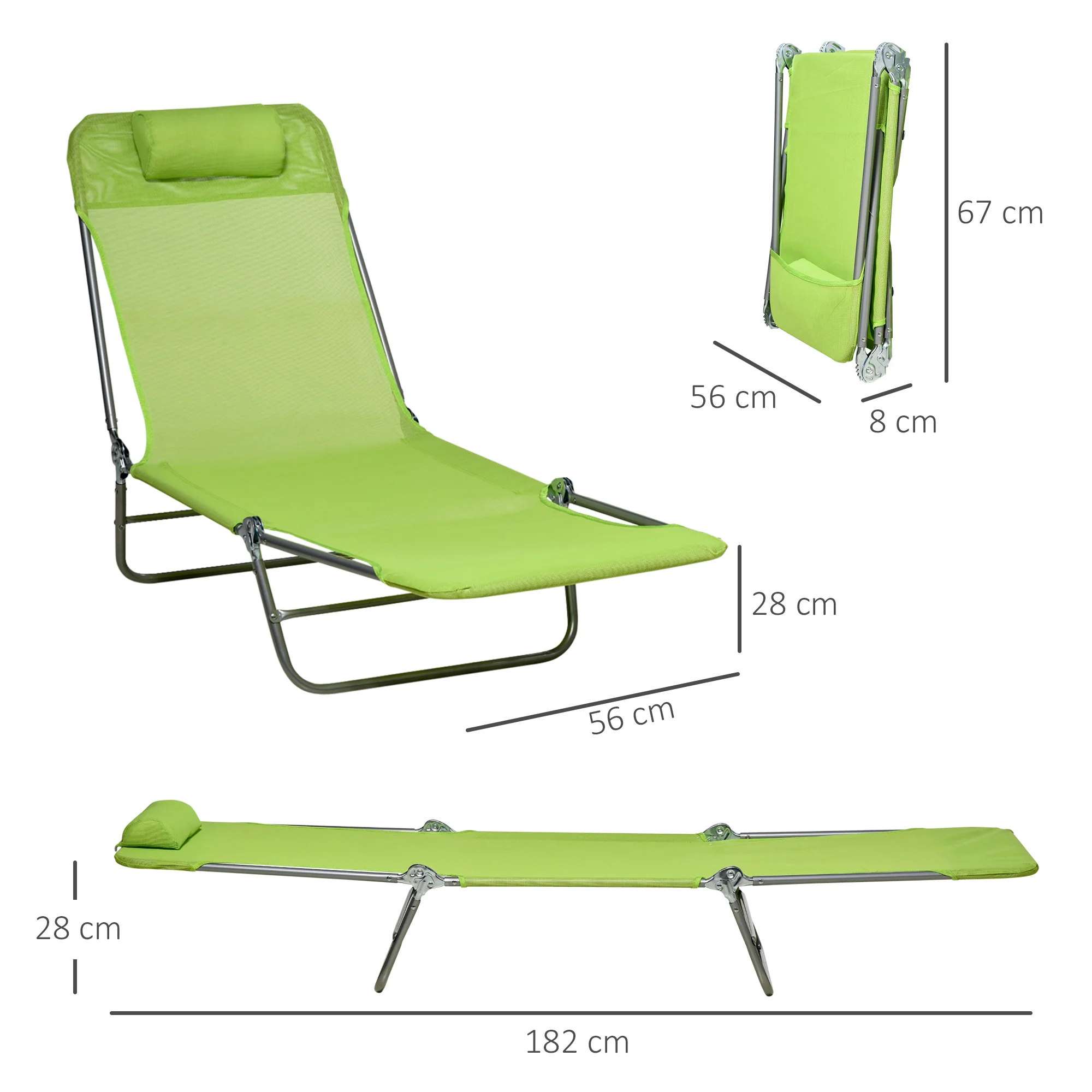 Outsunny 2 Piece Folding Sun Loungers with Adjustable Backrest, Pillow, Green - Image 5