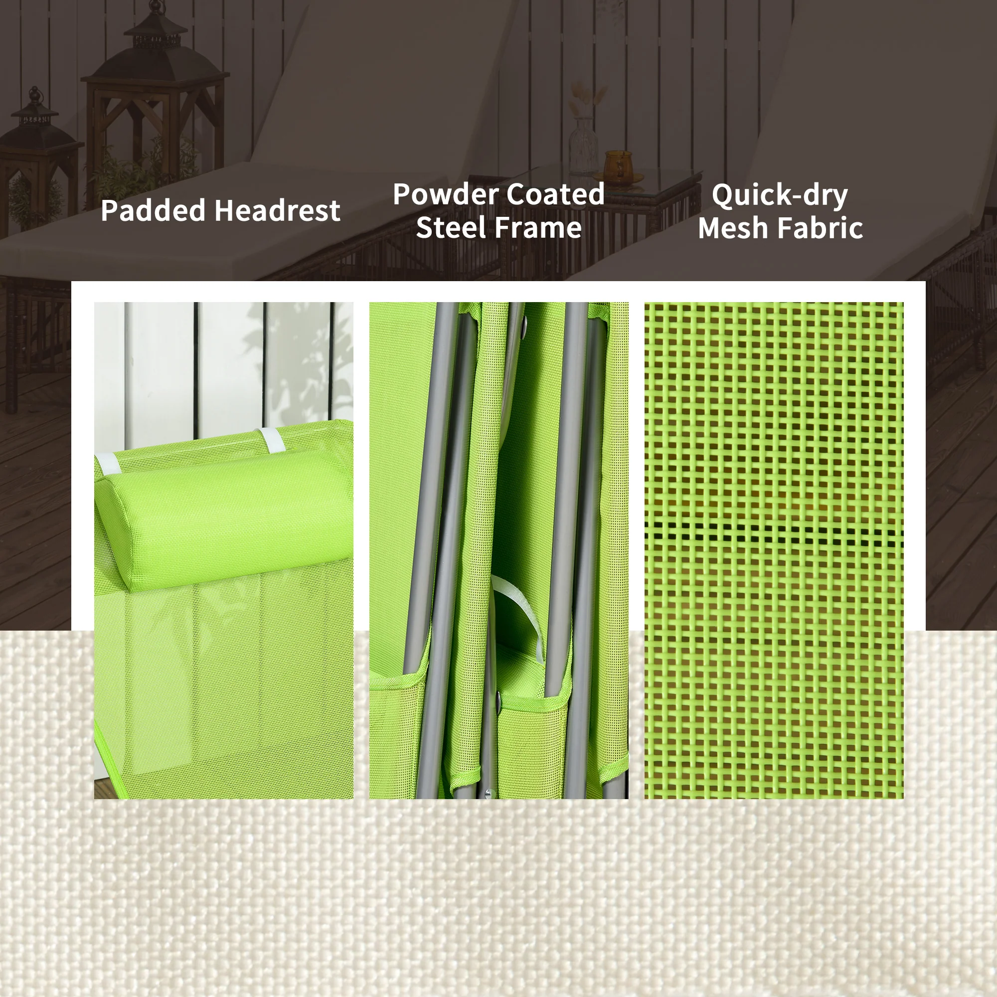 Outsunny 2 Piece Folding Sun Loungers with Adjustable Backrest, Pillow, Green - Image 6