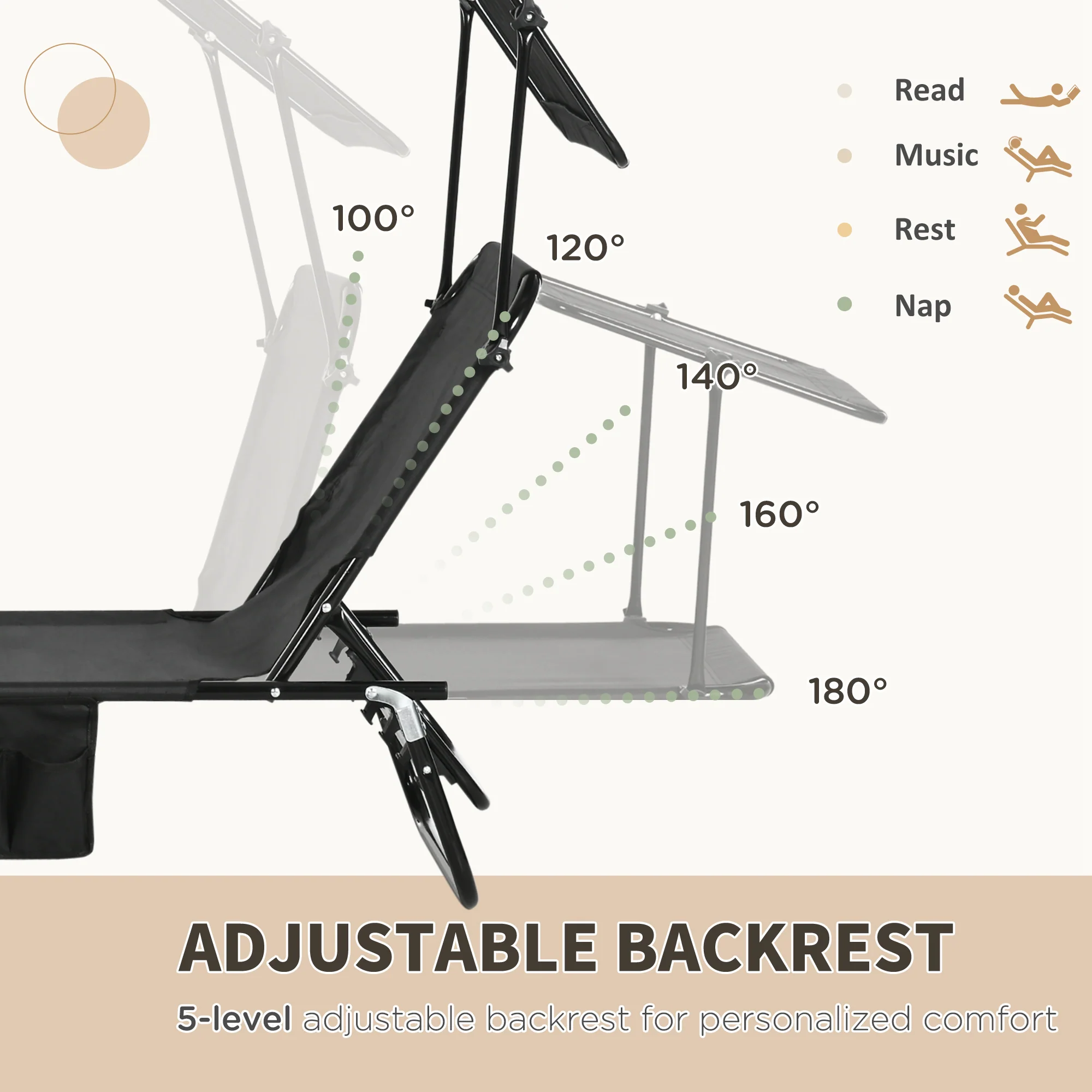 Outsunny 2 Piece Folding Sun Loungers with Adjustable Backrest, Sunshade, Black - Image 3