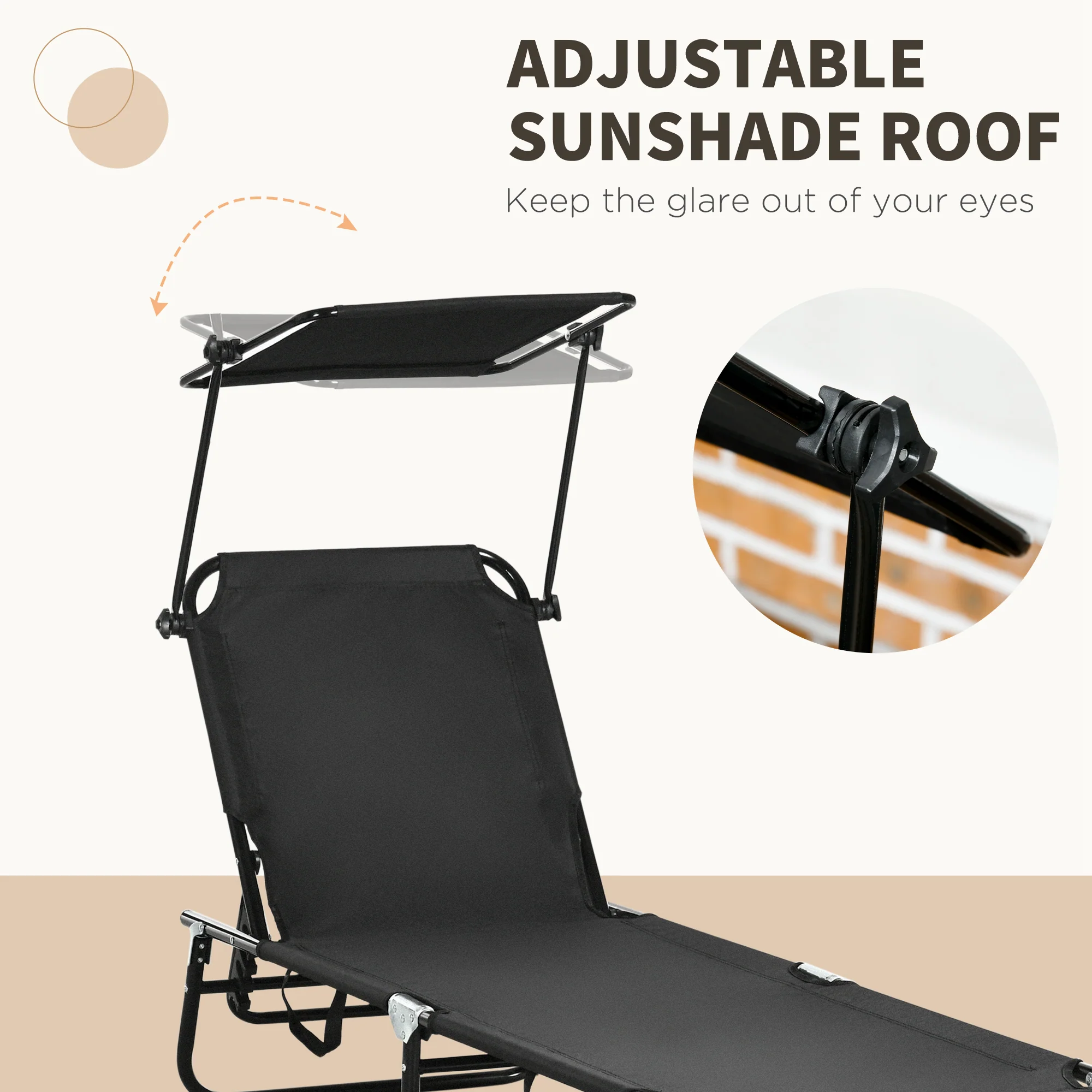 Outsunny 2 Piece Folding Sun Loungers with Adjustable Backrest, Sunshade, Black - Image 4