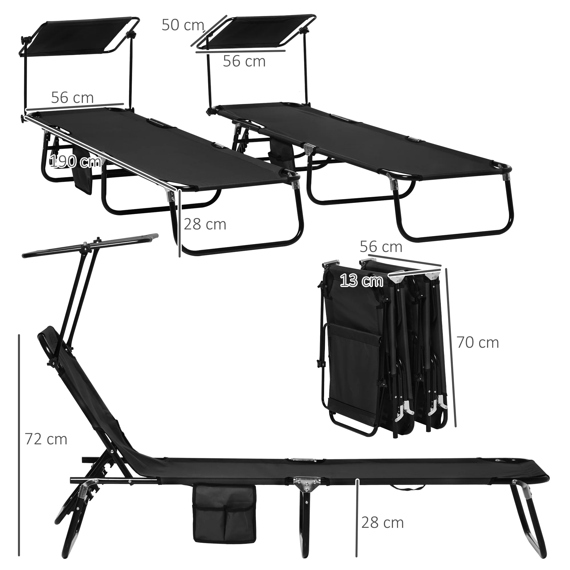Outsunny 2 Piece Folding Sun Loungers with Adjustable Backrest, Sunshade, Black - Image 5