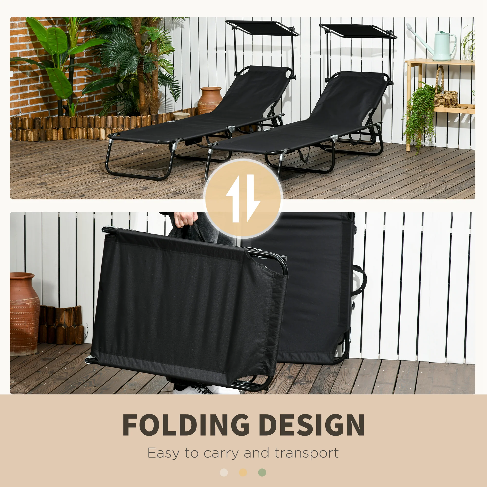 Outsunny 2 Piece Folding Sun Loungers with Adjustable Backrest, Sunshade, Black - Image 6