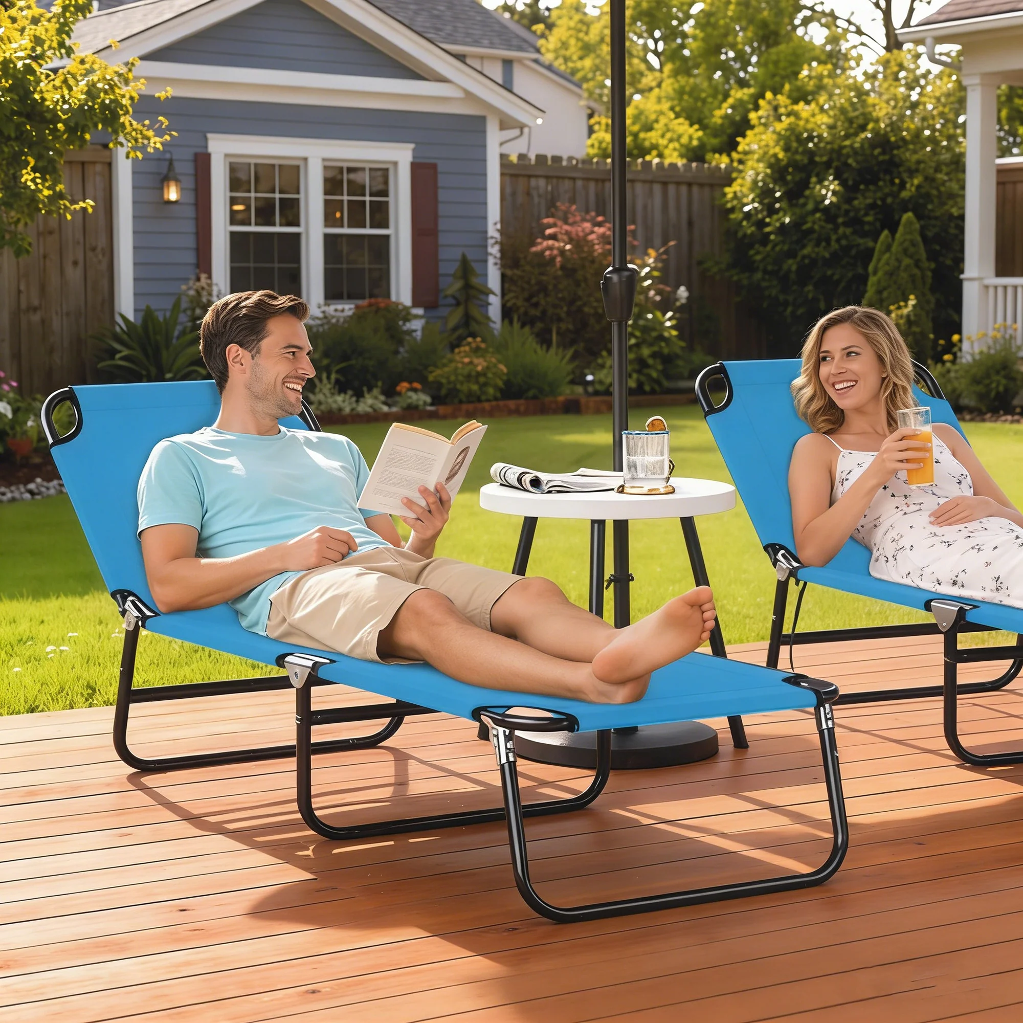 Outsunny 2 Piece Reclining Chaise Lounge with Adjustable Backrest, Sky Blue - Image 2