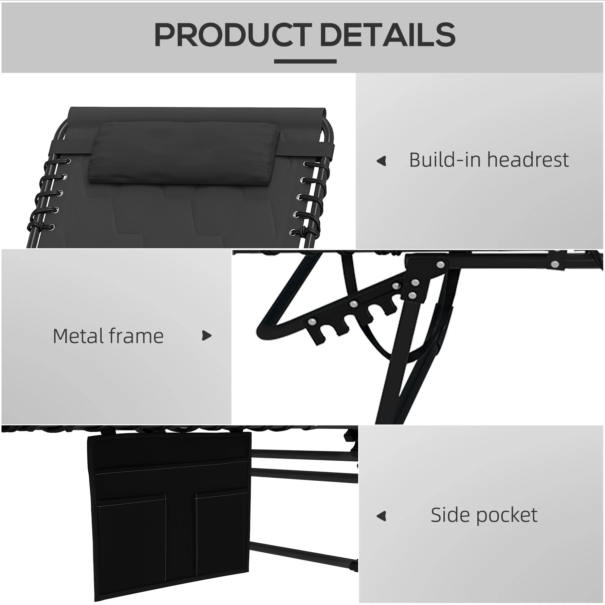 Outsunny 2 Pieces Foldable Sun Lounger Set with Padded Seat, Black - Image 4