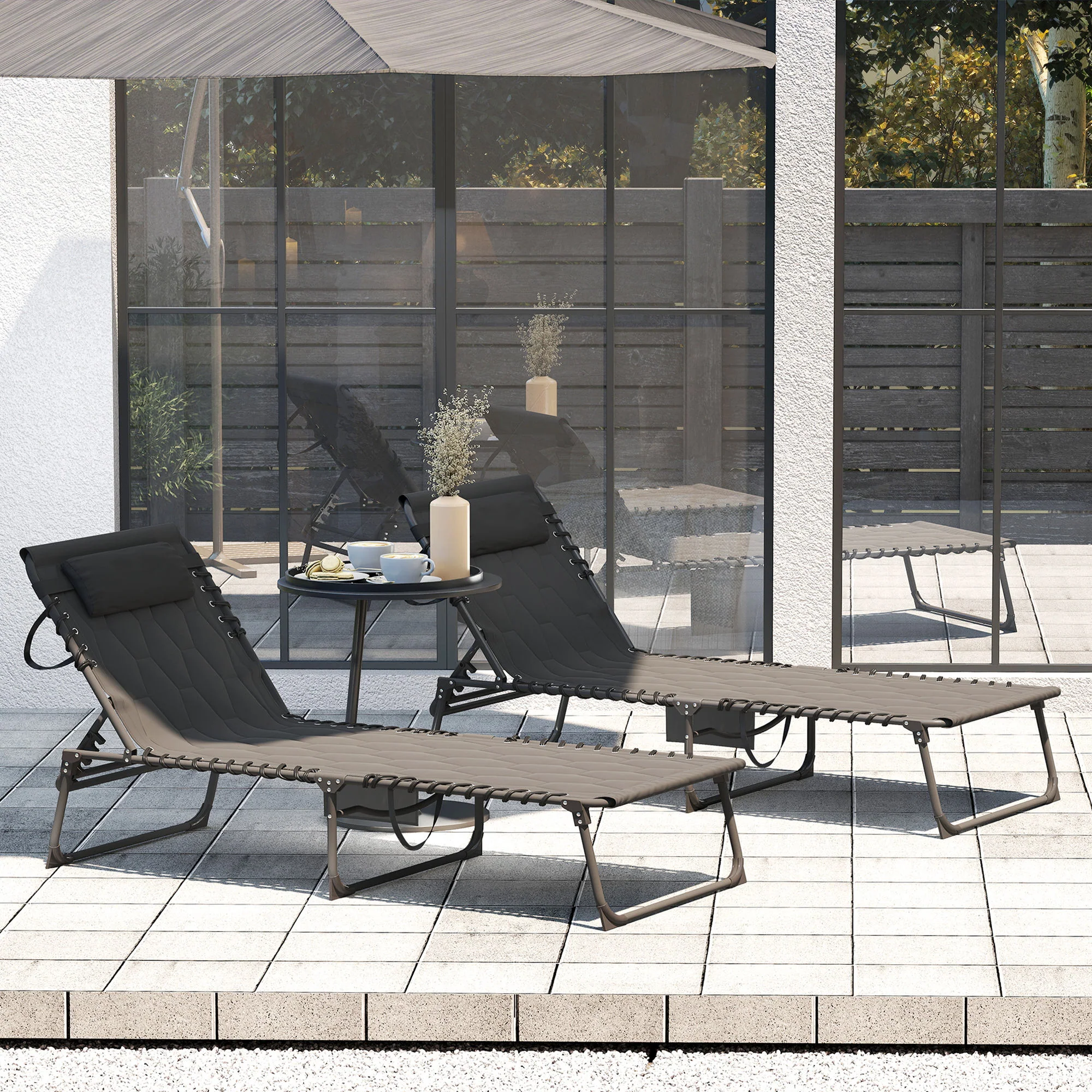 Outsunny 2 Pieces Foldable Sun Lounger Set with Padded Seat, Black - Image 9