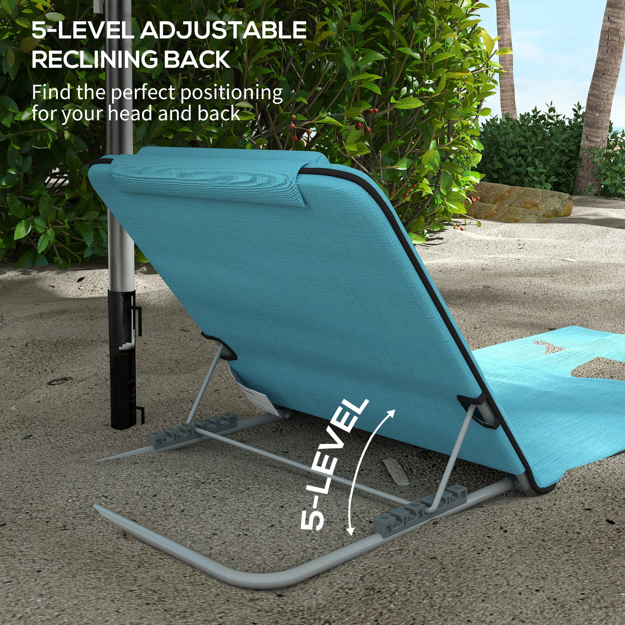 Outsunny 2 Pieces Outdoor Beach Mat Steel Reclining Chair Set Light Blue - Image 15