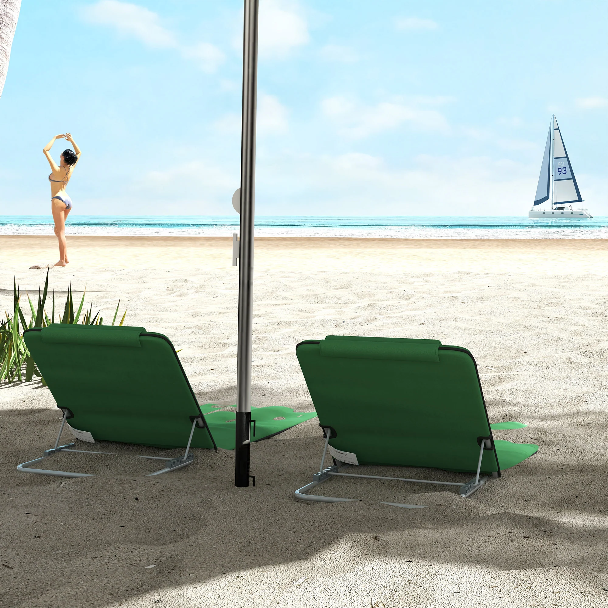 Outsunny 2 Pieces Outdoor Beach Mat Steel Reclining Chair Set Light Blue - Image 9