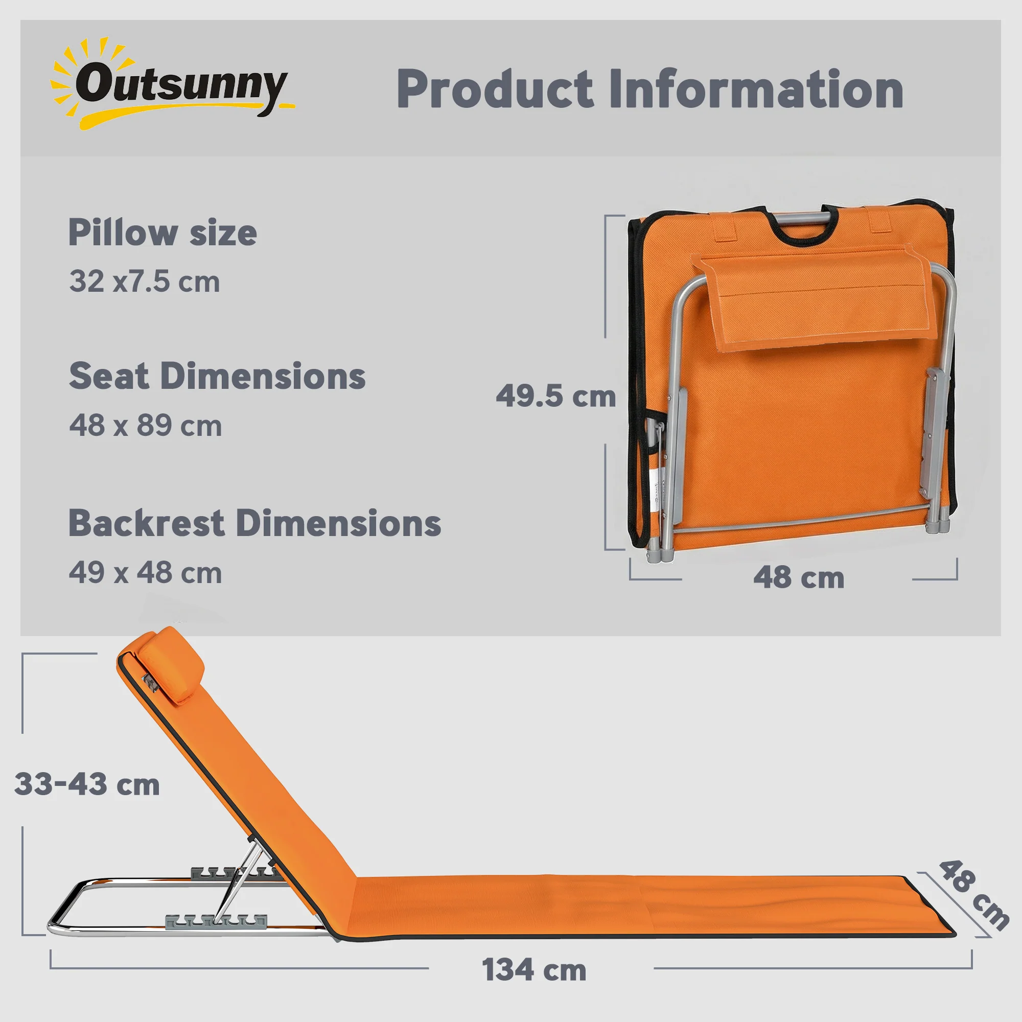 Outsunny 2 Pieces Outdoor Beach Mat Steel Reclining Chair Set Orange - Image 3