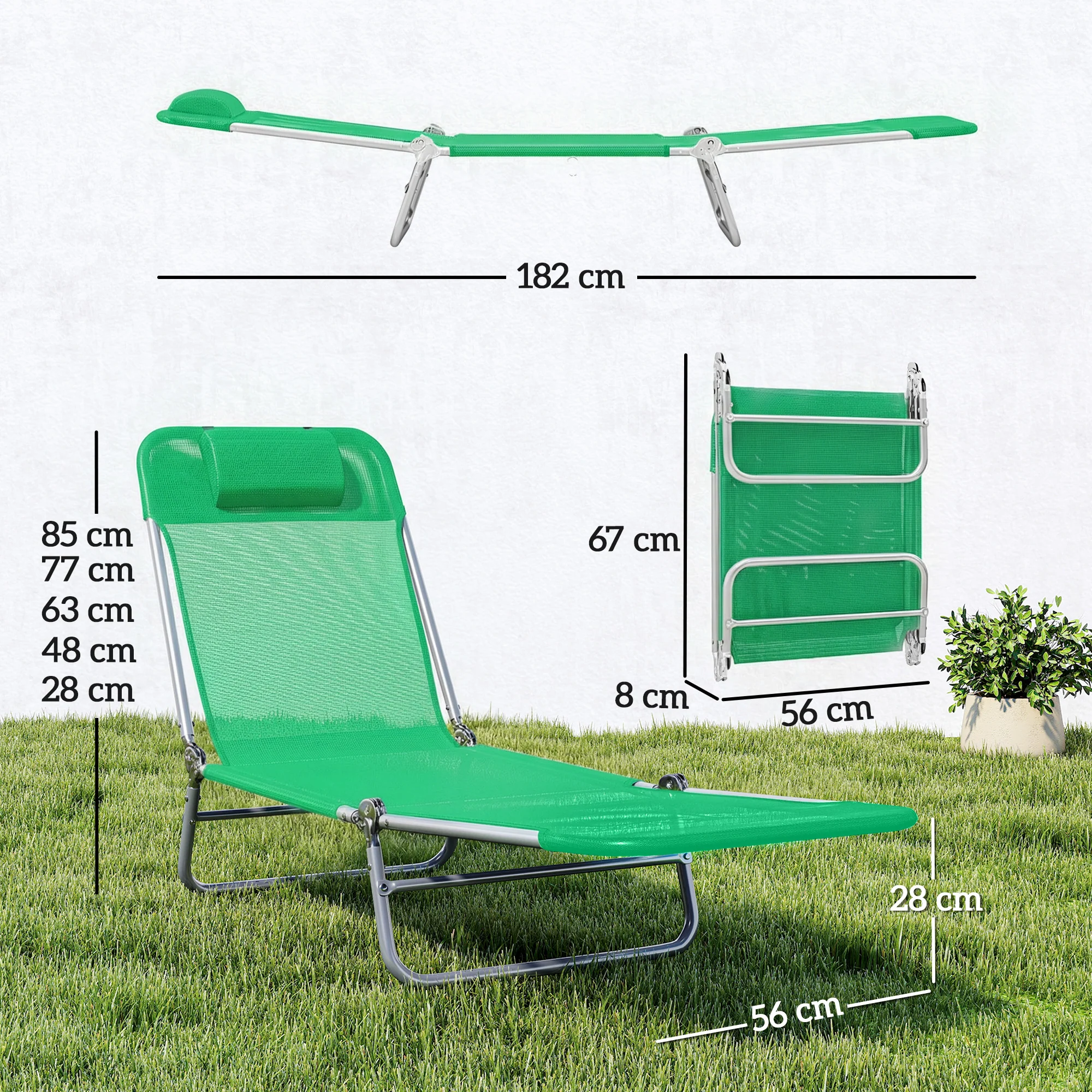 Outsunny 2 Pieces Sun Loungers Foldable Reclining Chair, Dark Green - Image 3