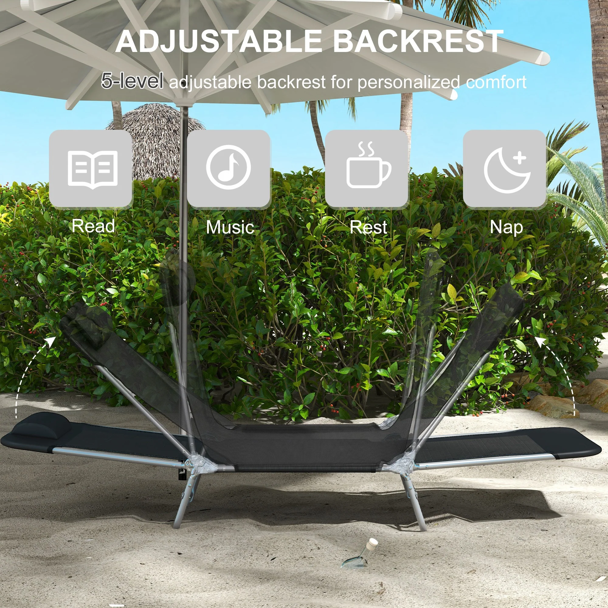 Outsunny 2 Pieces Sun Loungers Foldable Reclining Chair with Headrest Black - Image 3
