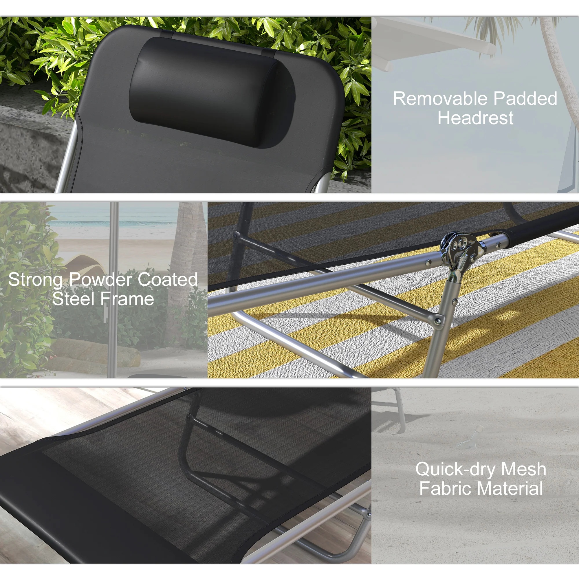 Outsunny 2 Pieces Sun Loungers Foldable Reclining Chair with Headrest Black - Image 4