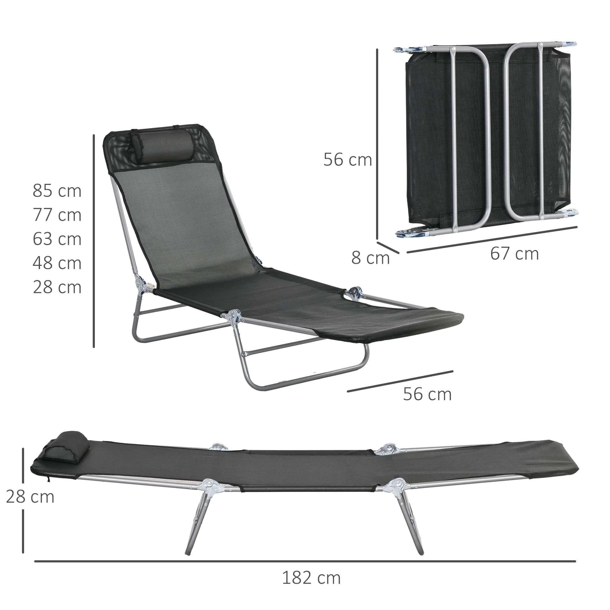 Outsunny 2 Pieces Sun Loungers Foldable Reclining Chair with Headrest Black - Image 5
