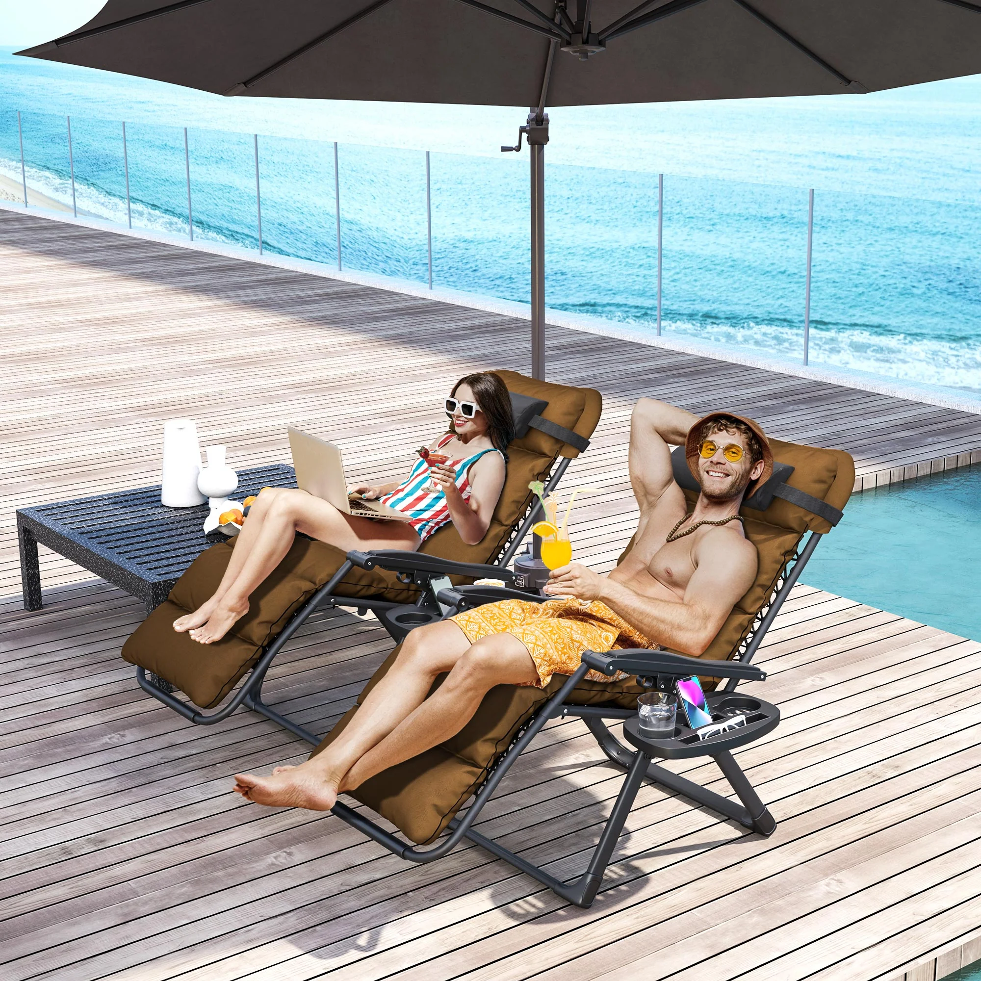 Outsunny 2 Pieces Zero Gravity Chairs, Reclining Folding Sun Lounger, Brown - Image 2